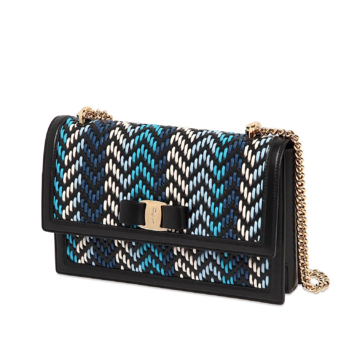 Ferragamo Ginny Multi Blue Plaited Calf Leather Shoulder Handbag