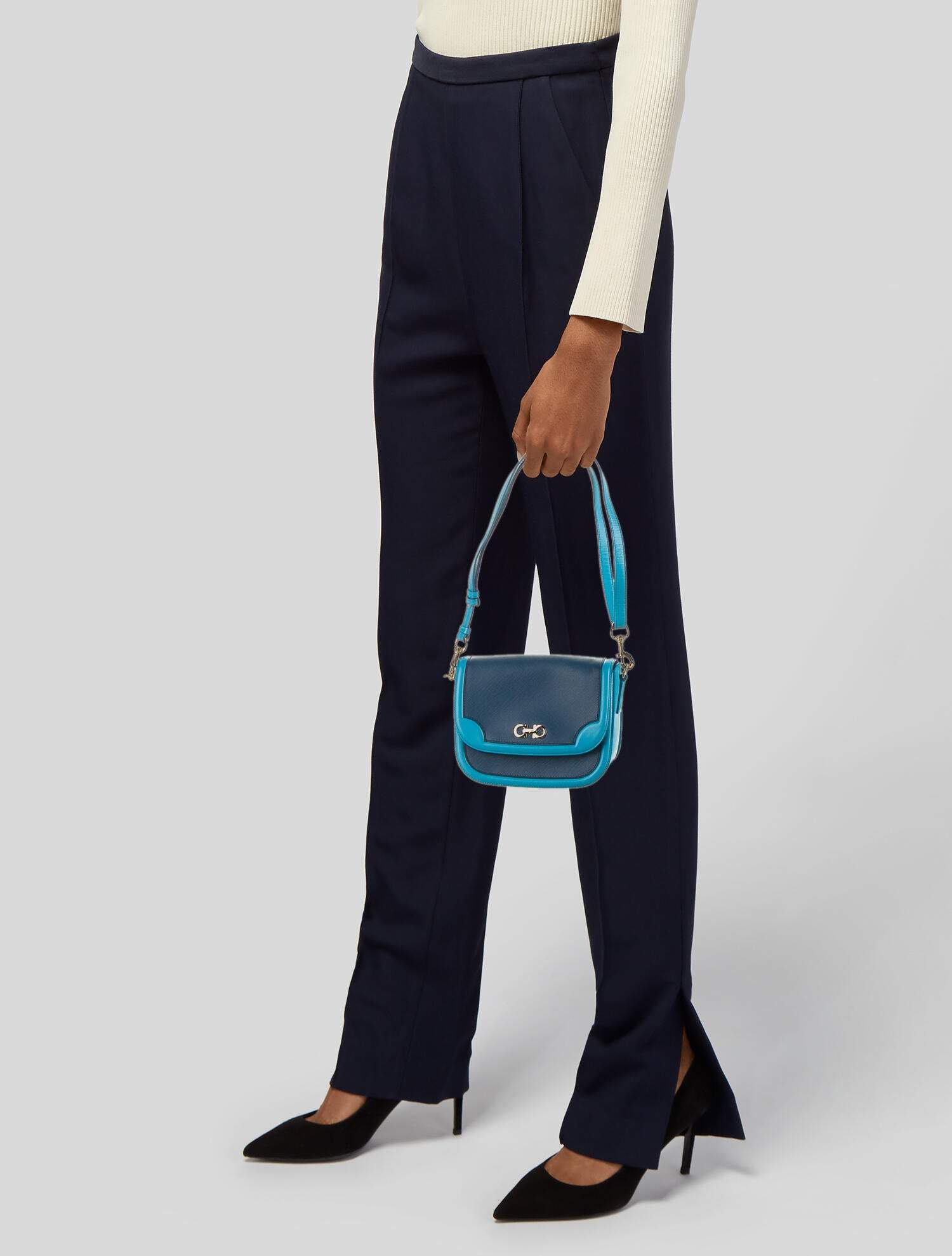 Ferragamo Greta Blue Cross Grain Calf Leather Gancini Crossbody