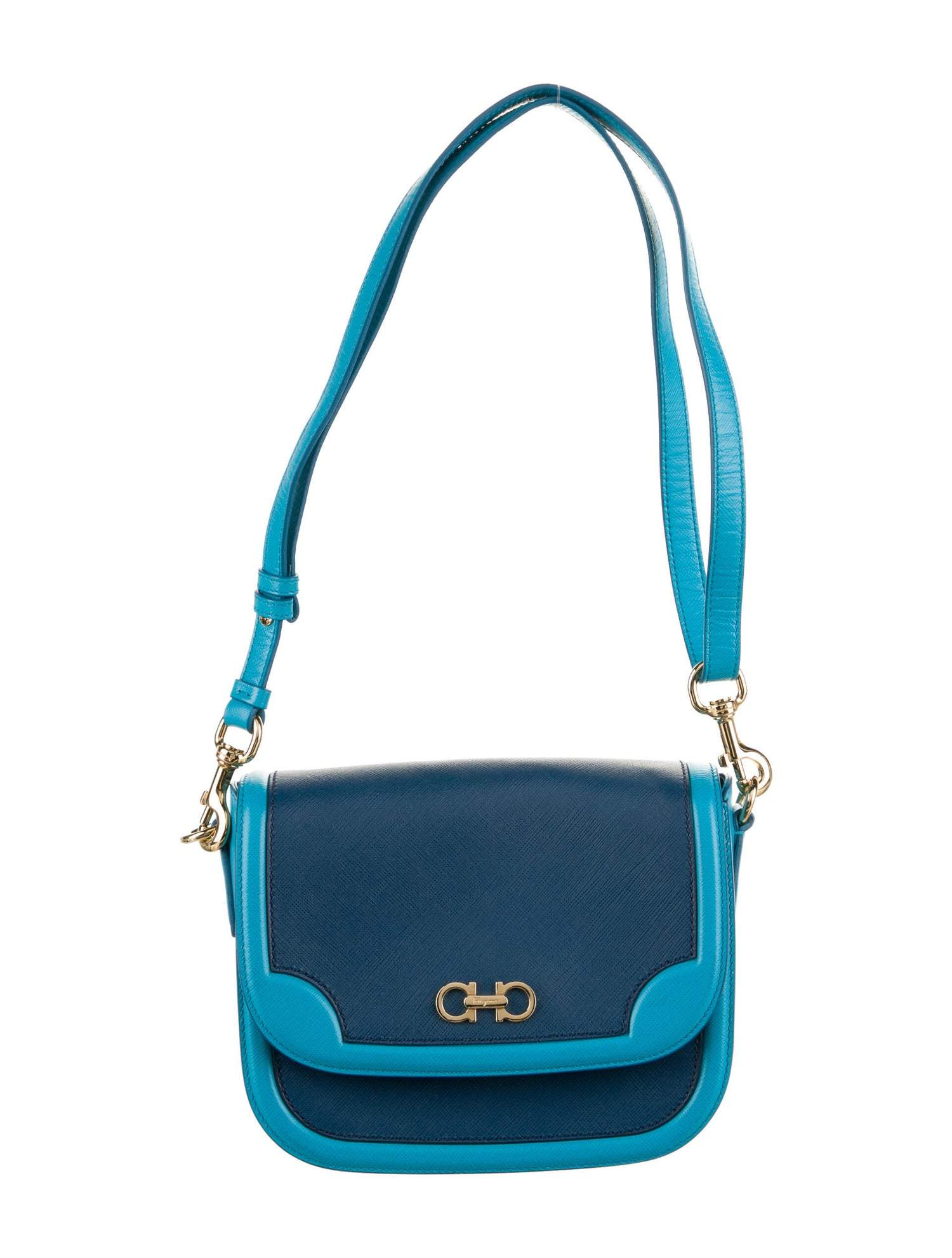 Ferragamo Greta Blue Cross Grain Calf Leather Gancini Crossbody