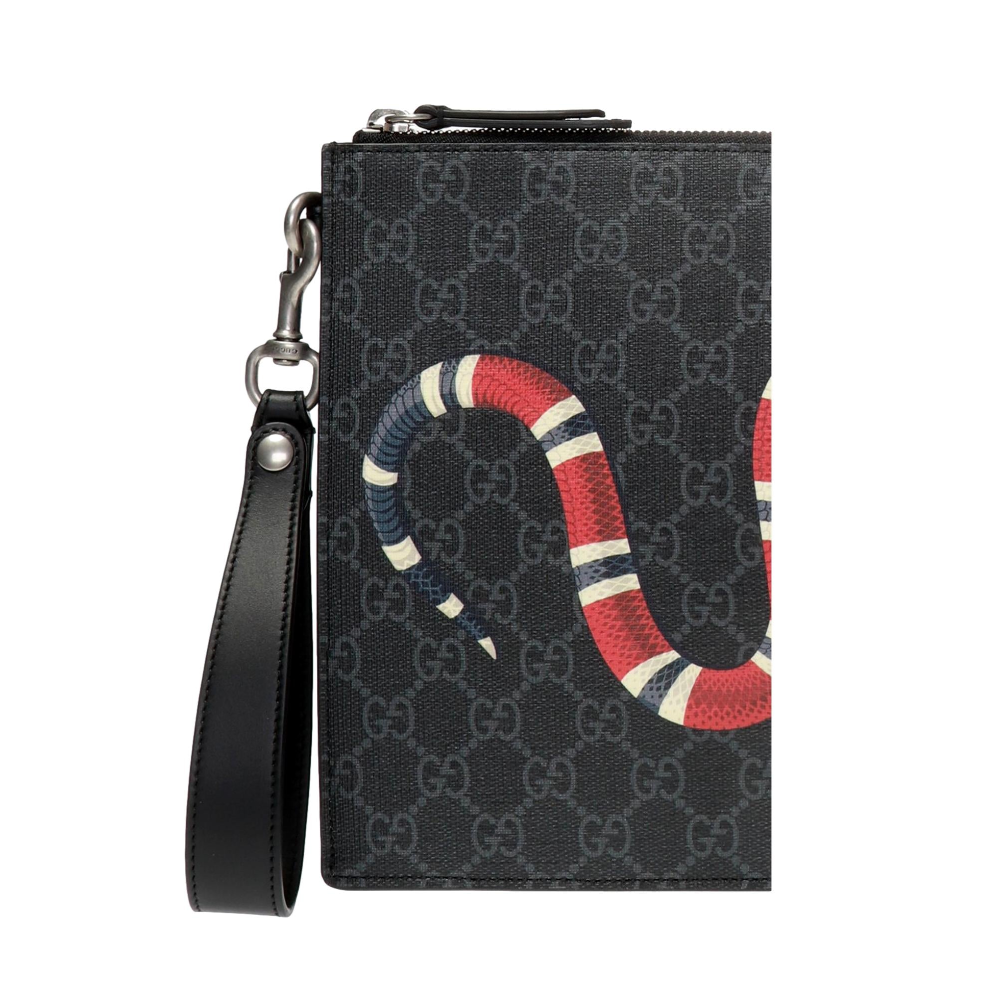 Gucci Bestiary Kingsnake Black GG Supreme Canvas Wristlet Clutch