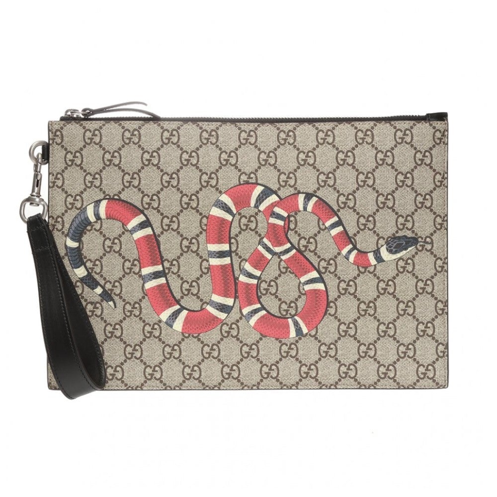 Gucci Bestiary Kingsnake GG Supreme Canvas Wristlet Pouch Bag