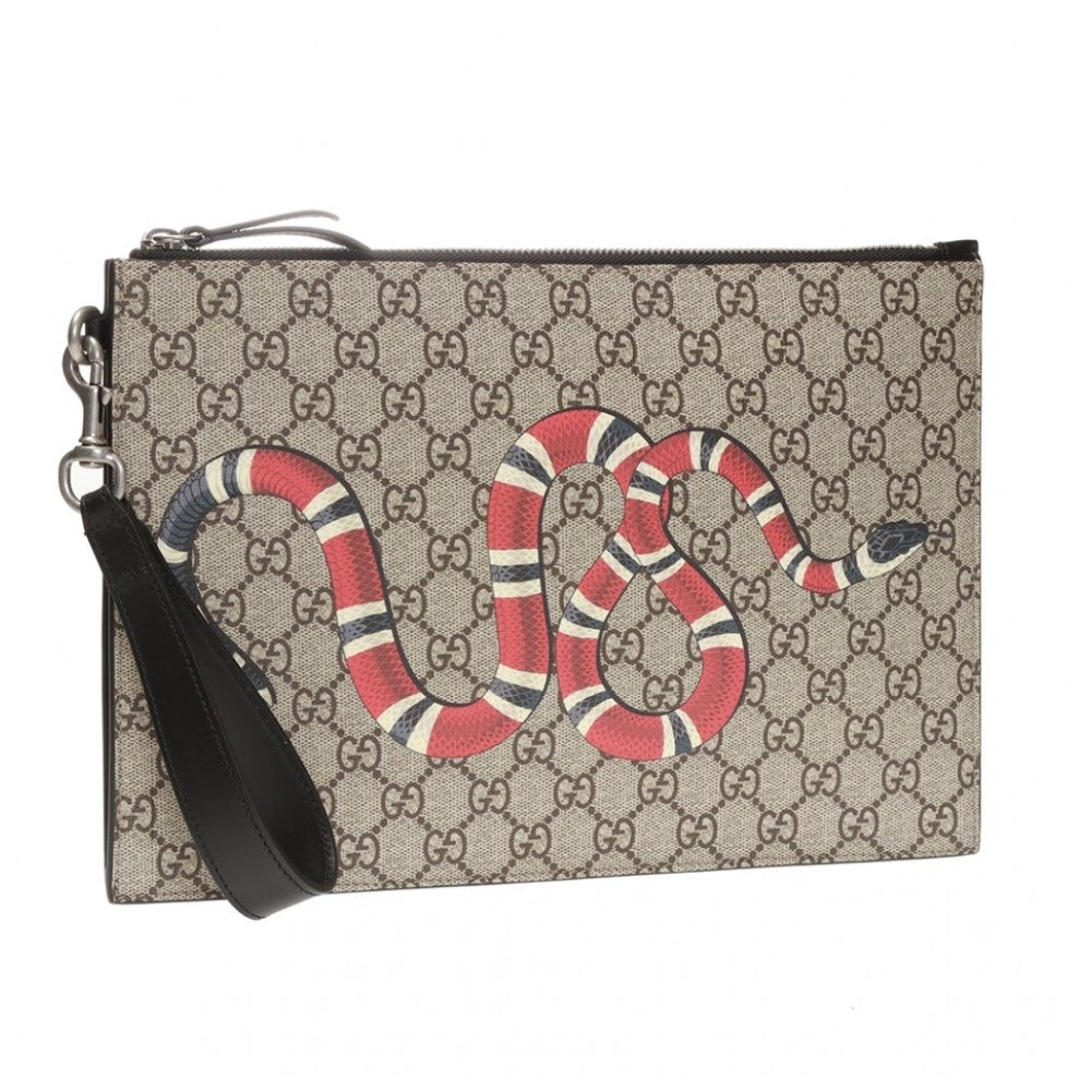 Gucci Bestiary Kingsnake GG Supreme Canvas Wristlet Pouch Bag