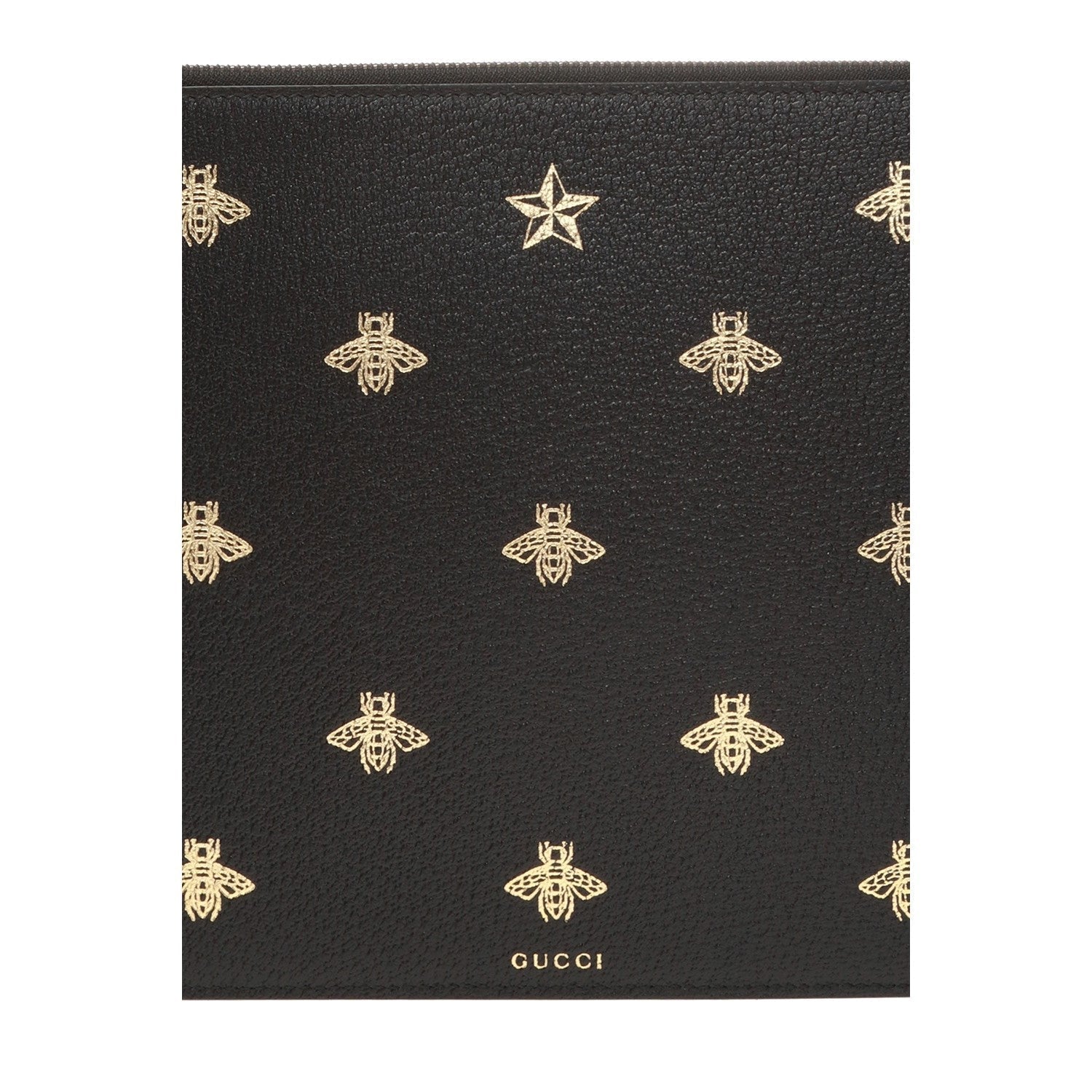 Gucci Black Leather Bee Star Motif Gold Pouch Wristlet Bag