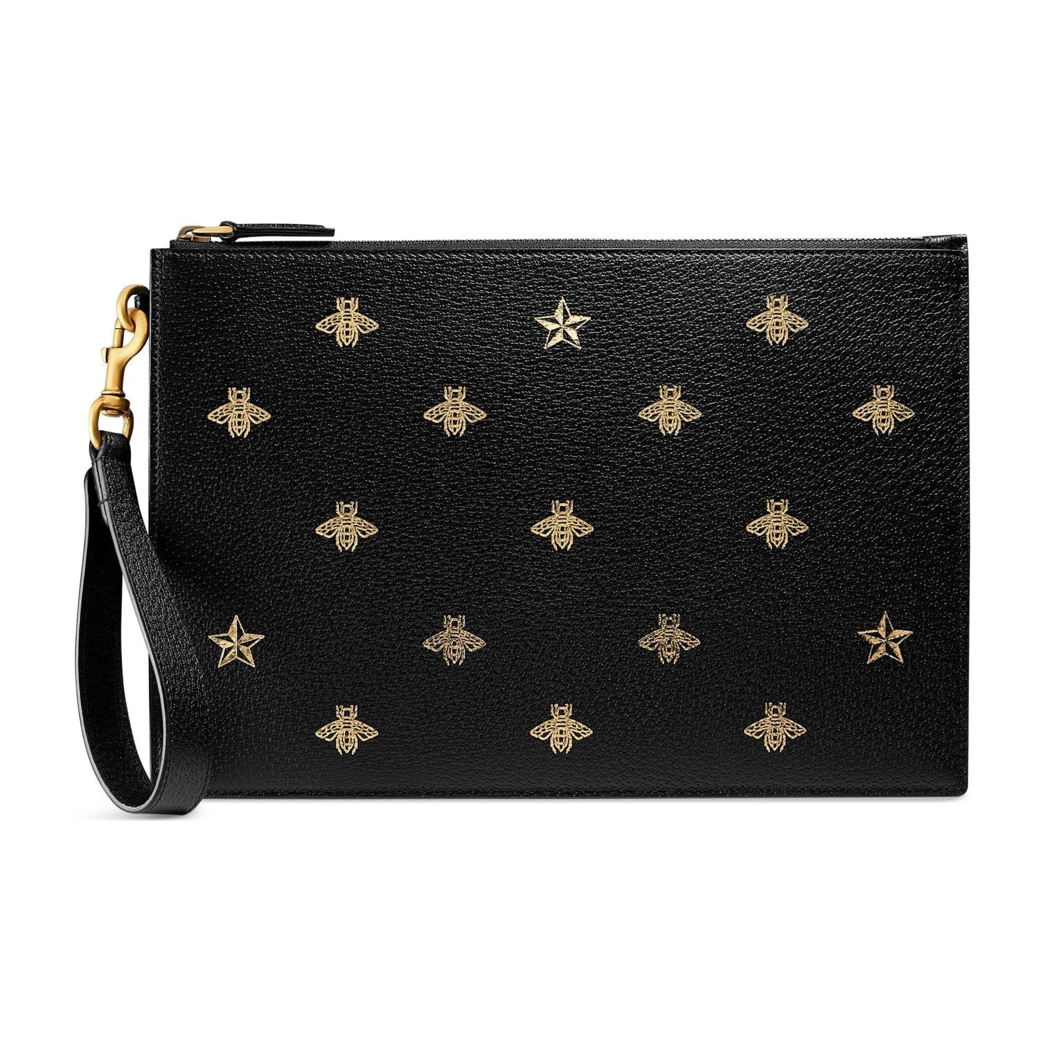 Gucci Black Leather Bee Star Motif Gold Pouch Wristlet Bag