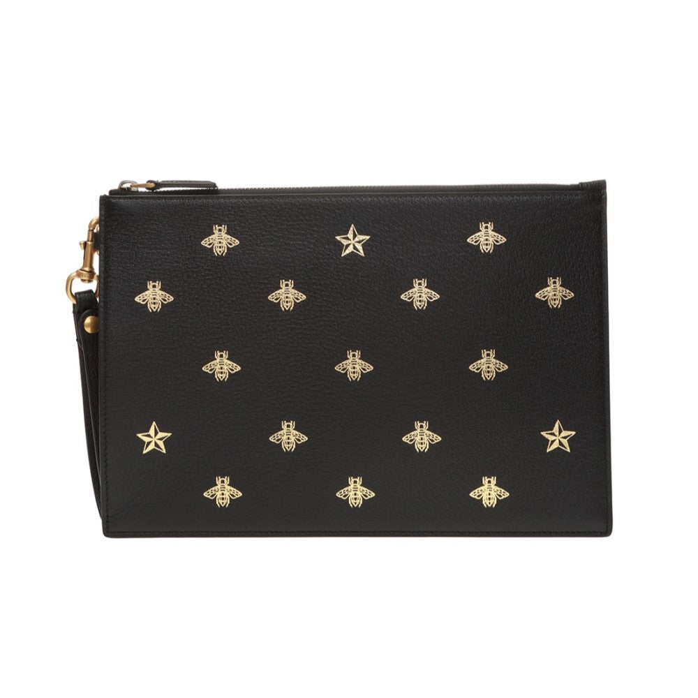 Gucci Black Leather Bee Star Motif Gold Pouch Wristlet Bag