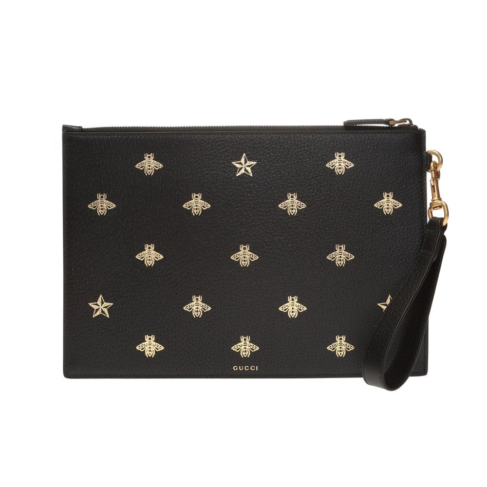 Gucci Black Leather Bee Star Motif Gold Pouch Wristlet Bag