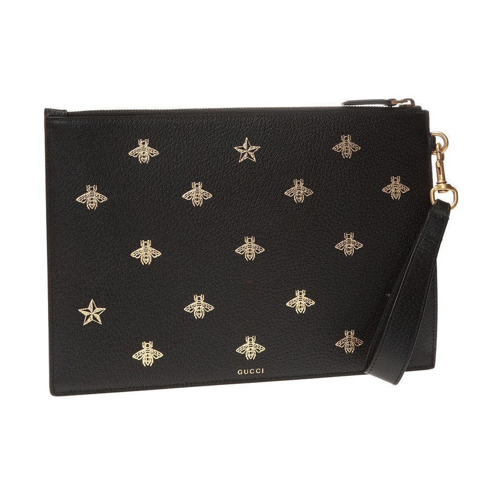 Gucci Black Leather Bee Star Motif Gold Pouch Wristlet Bag