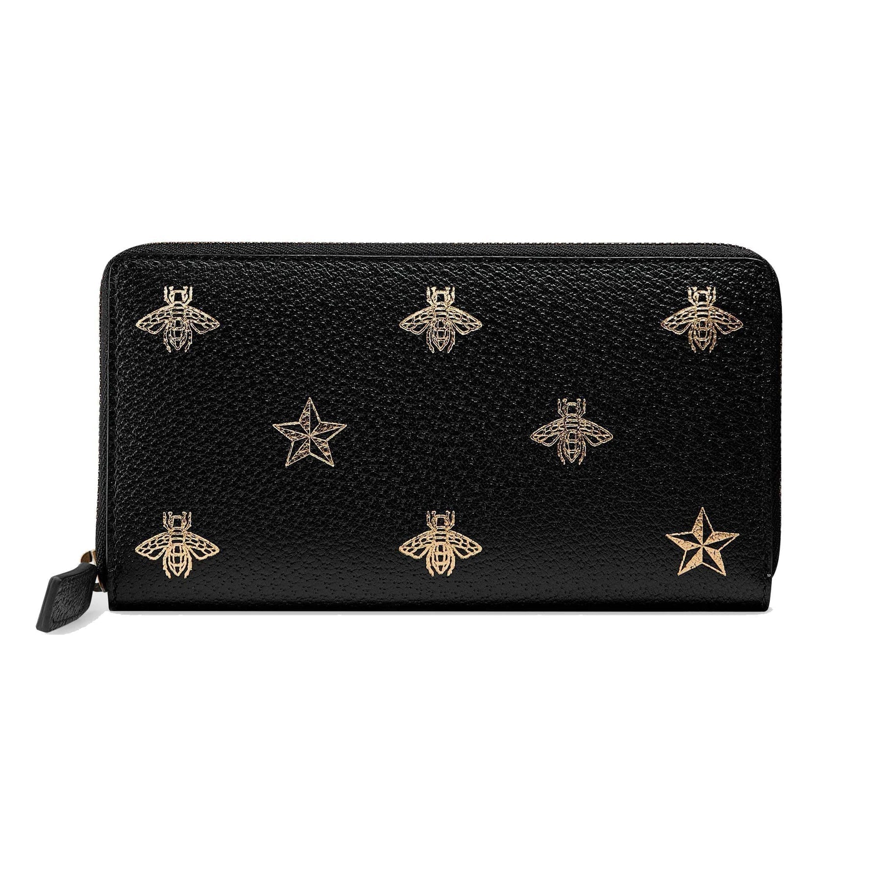 Gucci Bee Star Black Leather Continental Zip Around Wallet