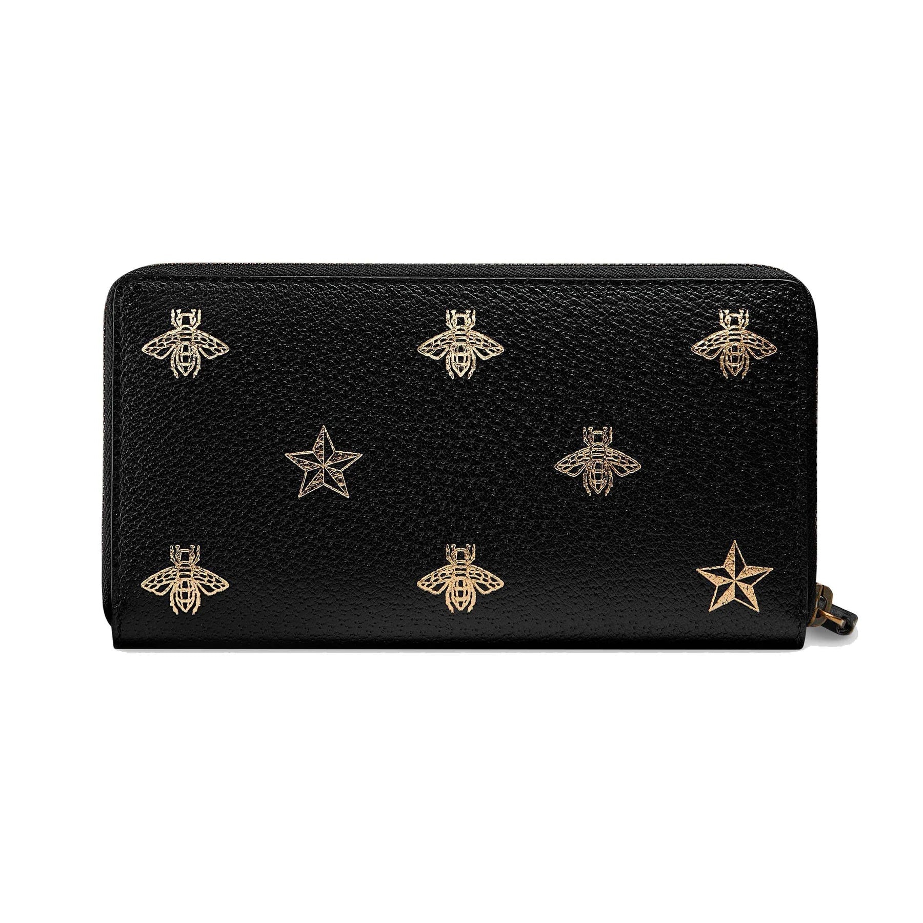 Gucci Bee Star Black Leather Continental Zip Around Wallet