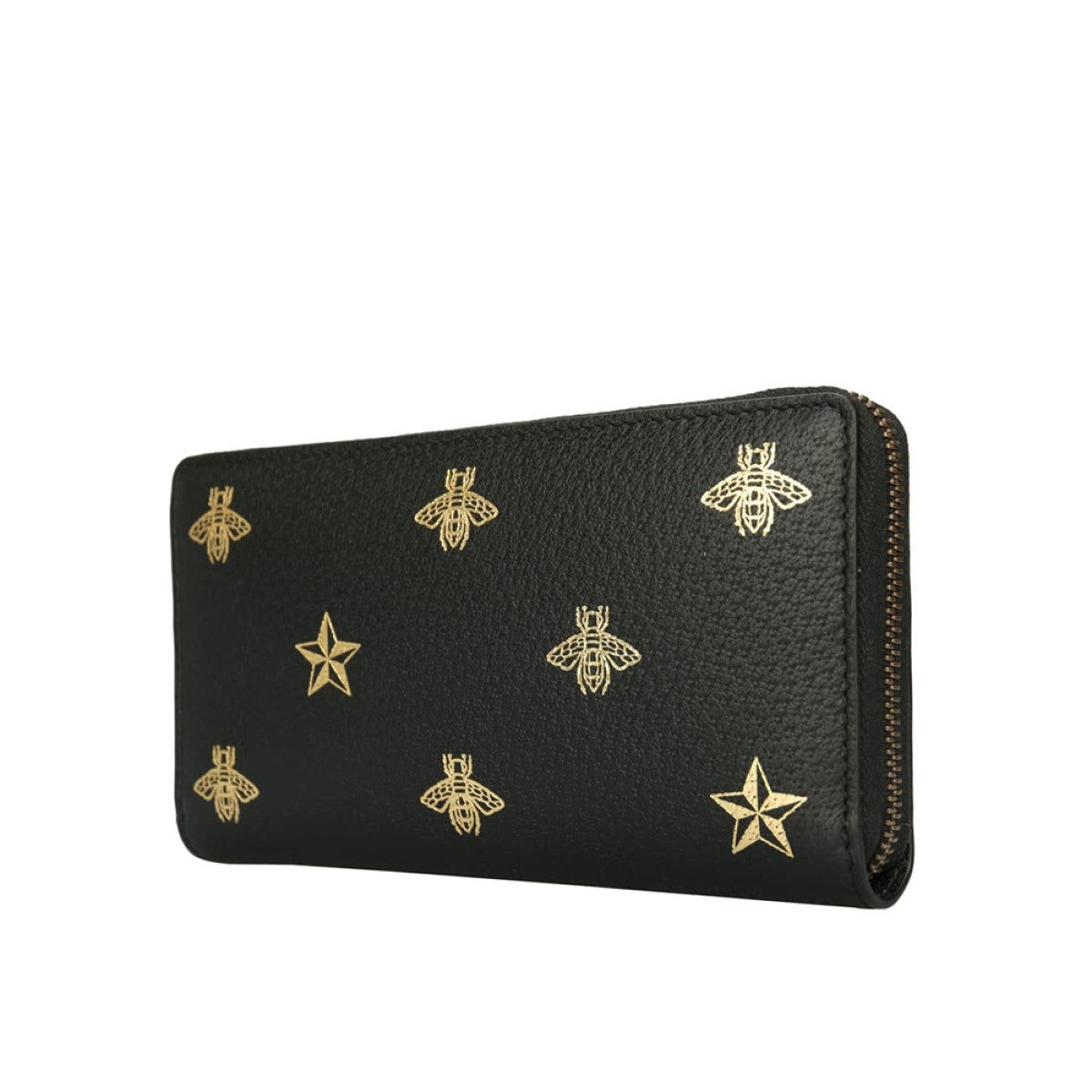 Gucci Bee Star Black Leather Continental Zip Around Wallet