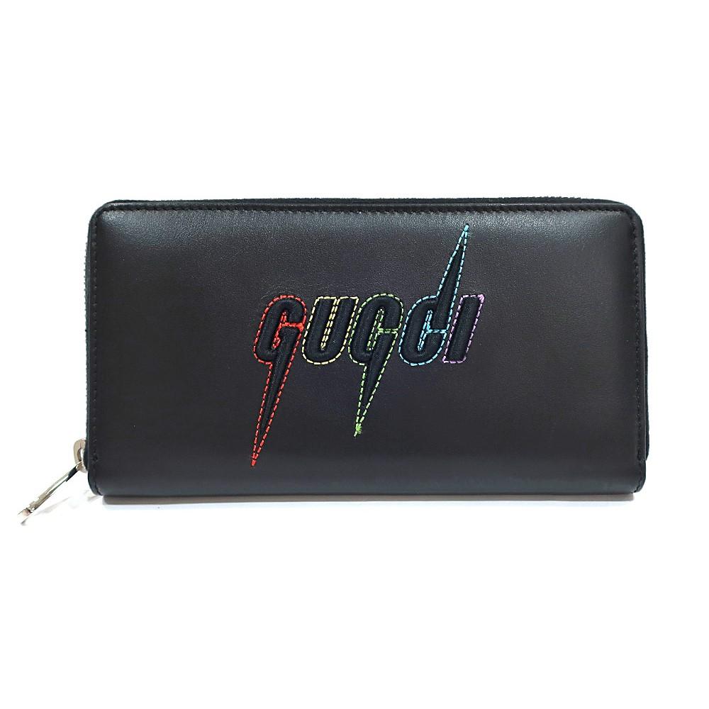 Gucci Black Leather Rainbow Blade Lightning Logo Long Wallet