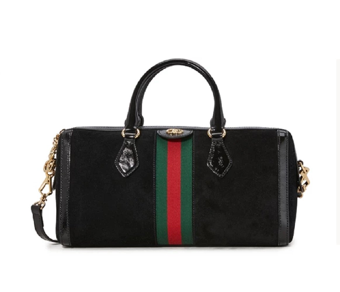 Gucci Ophidia Black Suede Web Stripe Boston Satchel Handbag