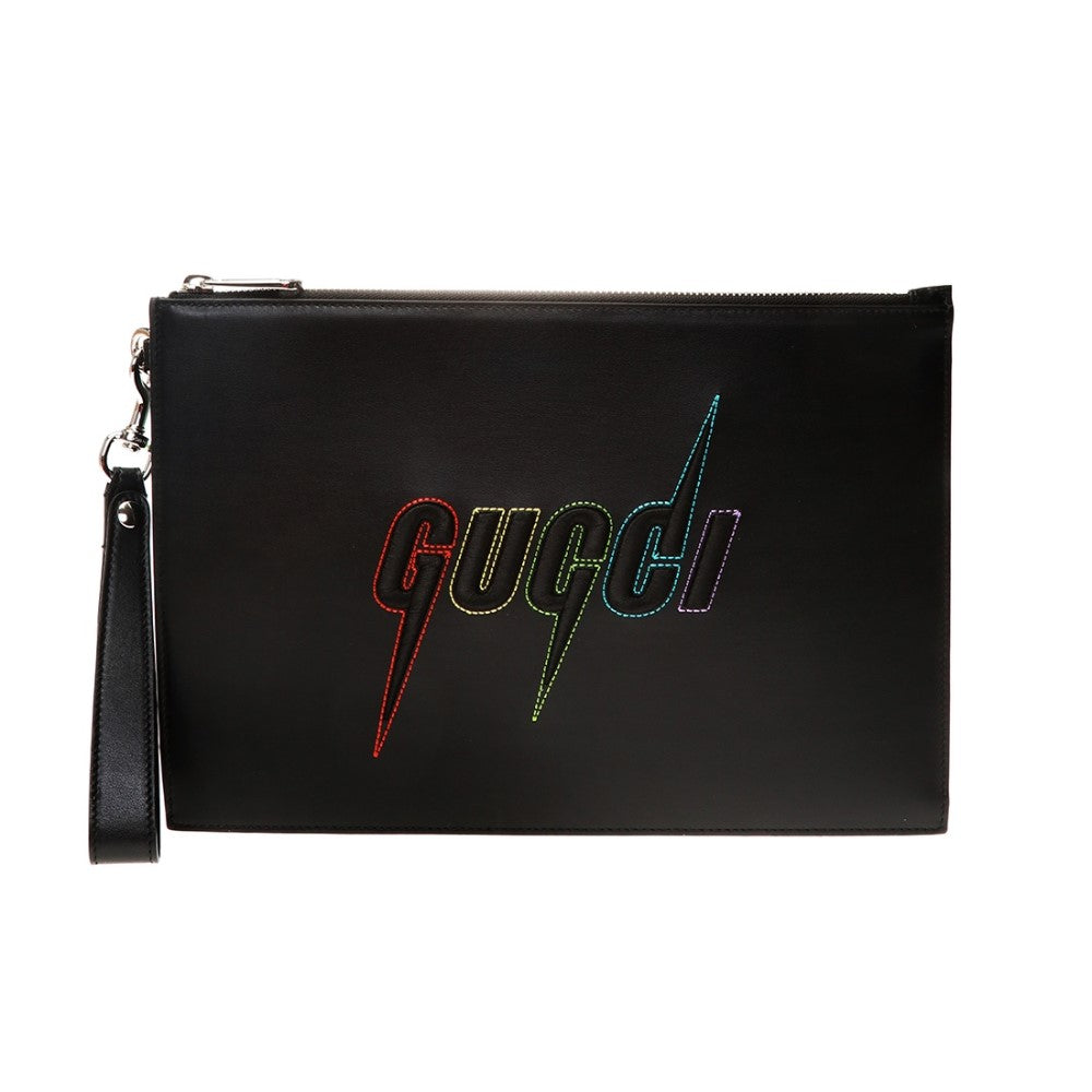 Gucci Blade Embroidered Black Leather Pouch Wristlet Bag