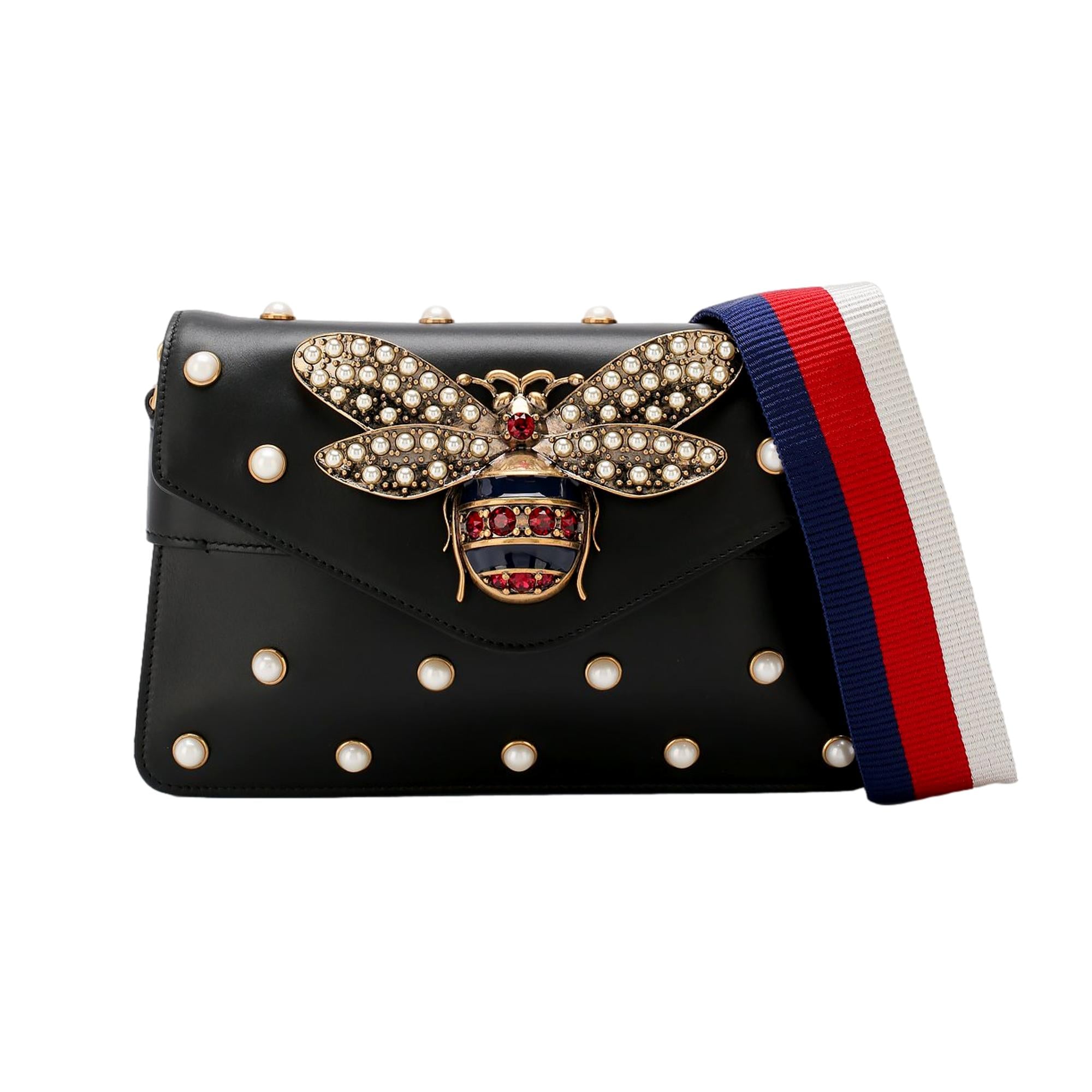 Gucci Broadway Pearl Studded Bee Black Leather Shoulder Bag