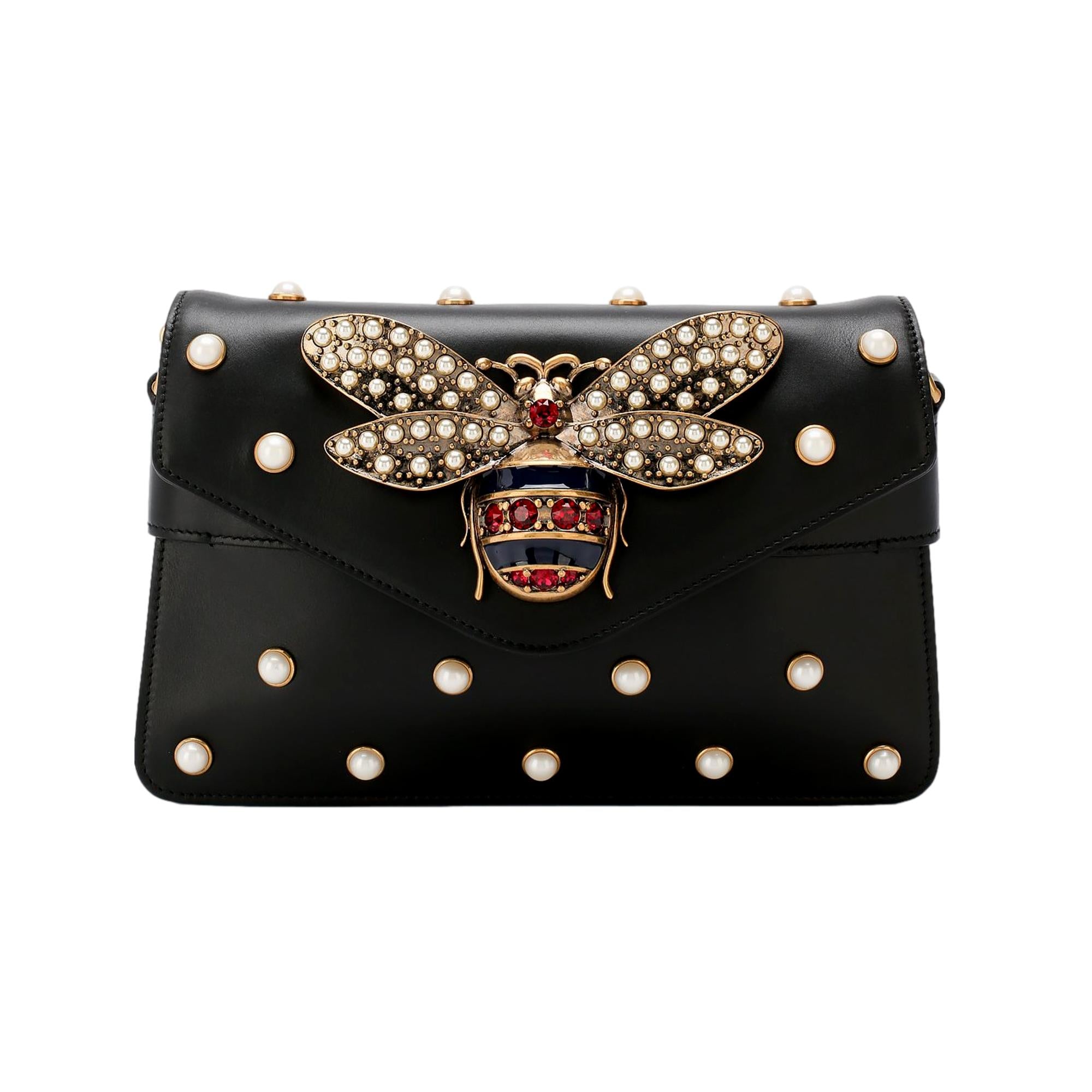 Gucci Broadway Pearl Studded Bee Black Leather Shoulder Bag