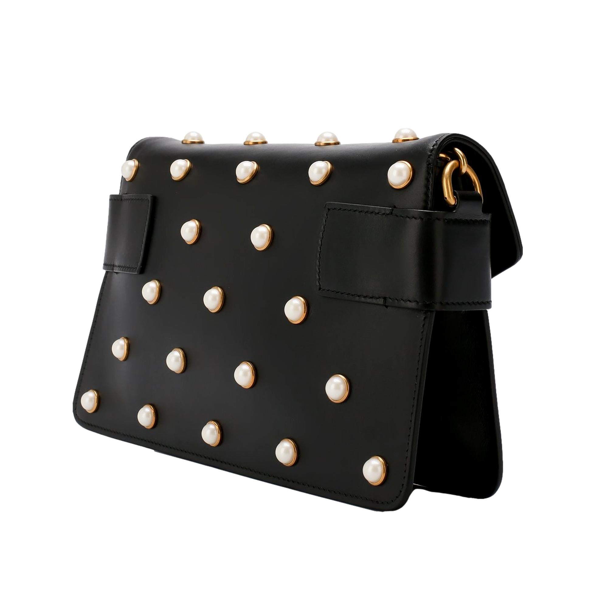 Gucci Broadway Pearl Studded Bee Black Leather Shoulder Bag