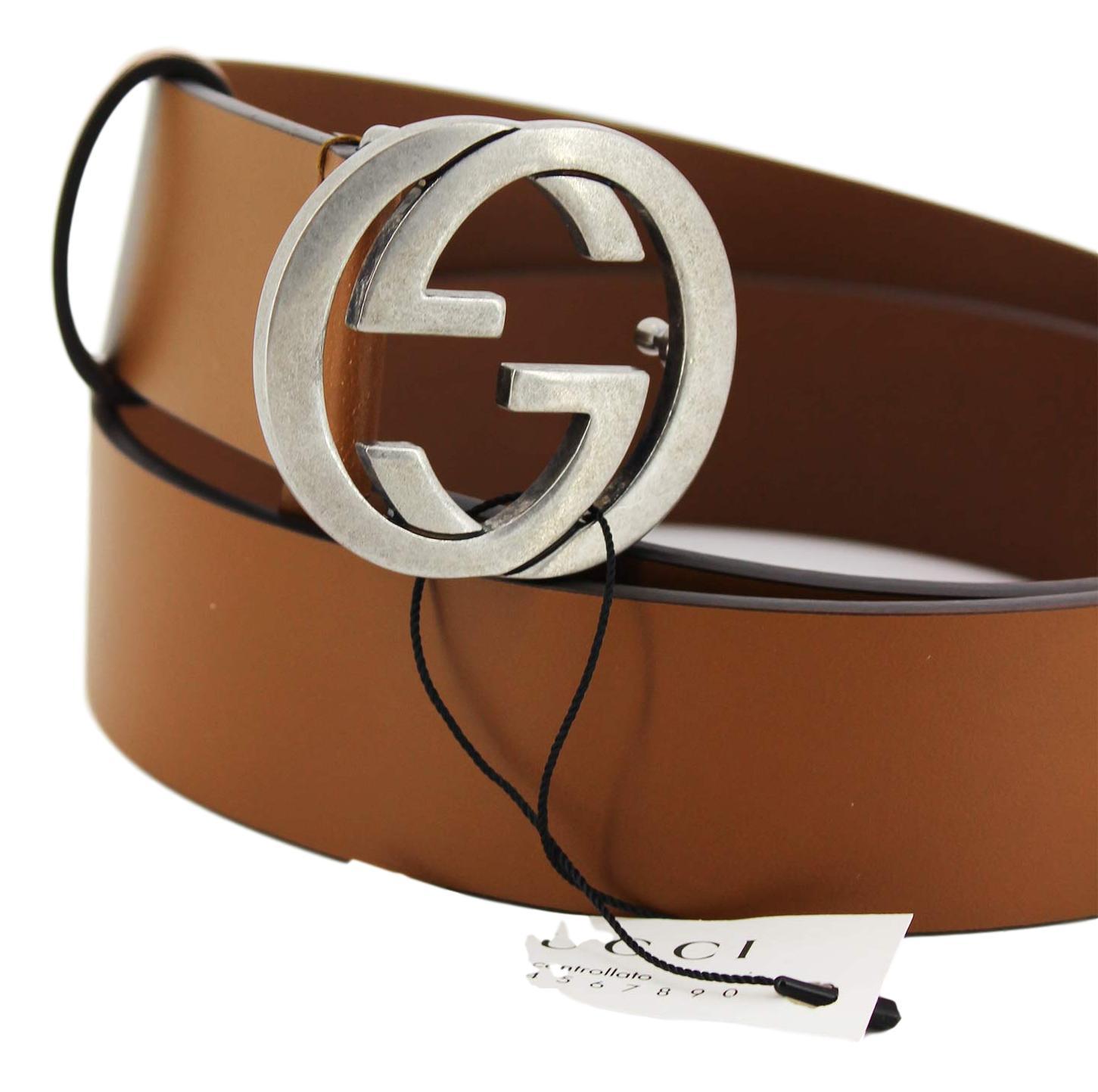 Gucci Brown Leather Silver Toned Hardware Interlocking G Buckle Belt