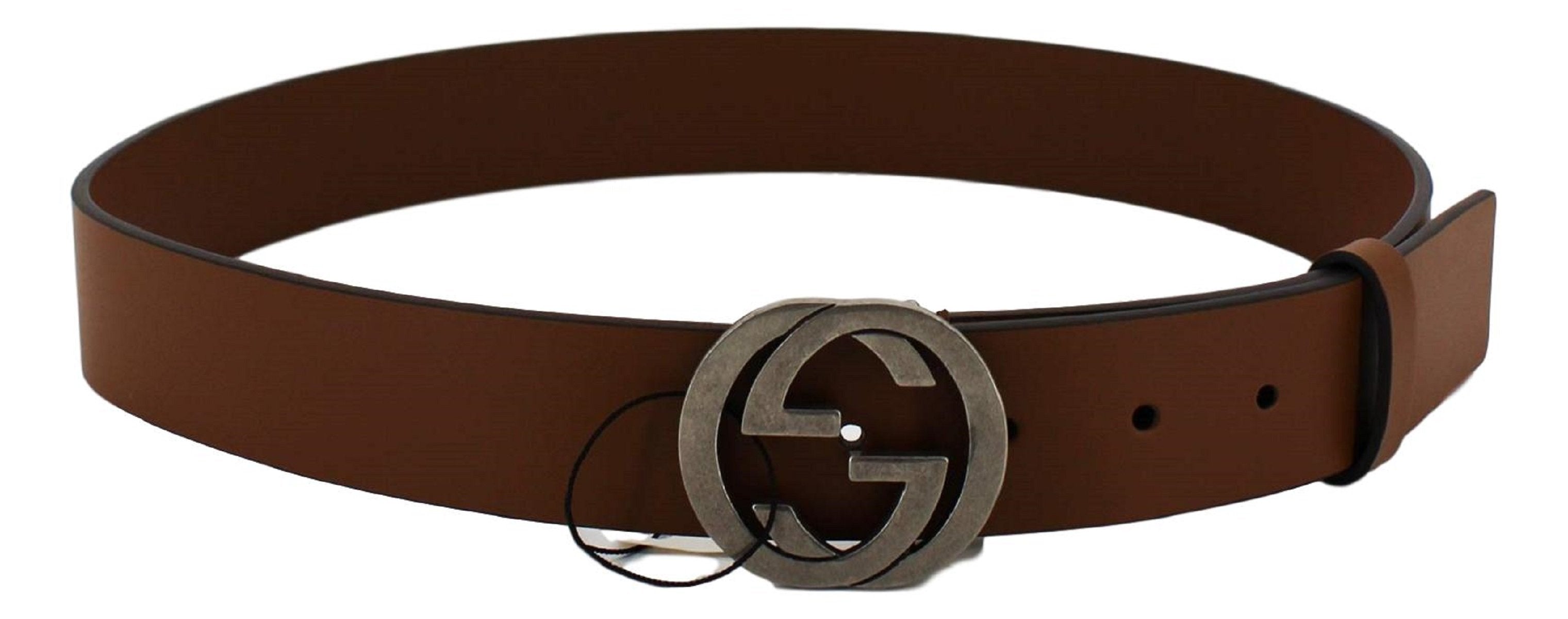 Gucci Brown Leather Silver Toned Hardware Interlocking G Buckle Belt