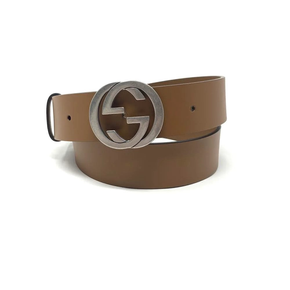 Gucci Cuir Brown Leather Interlocking GG Buckle 85/34 Belt