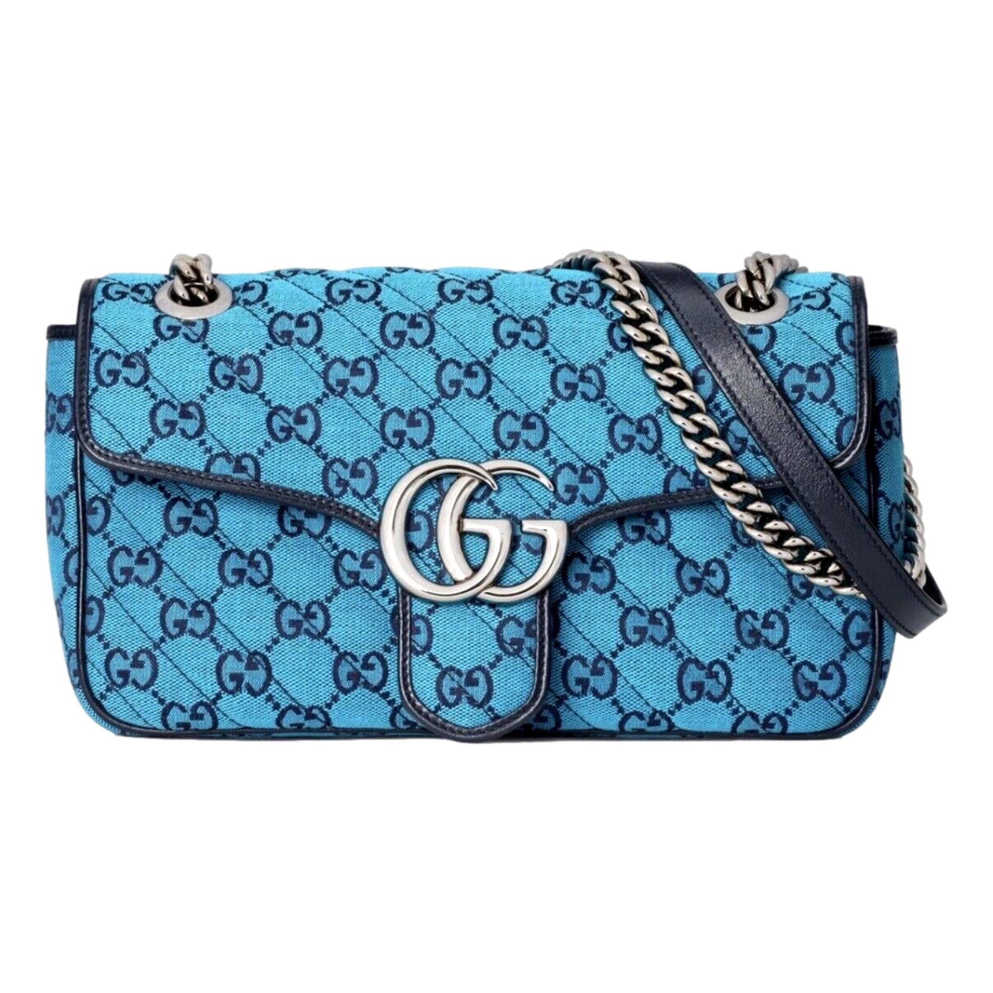 Gucci Flap Marmont Matelasse Blue Printed Canvas Shoulder Bag