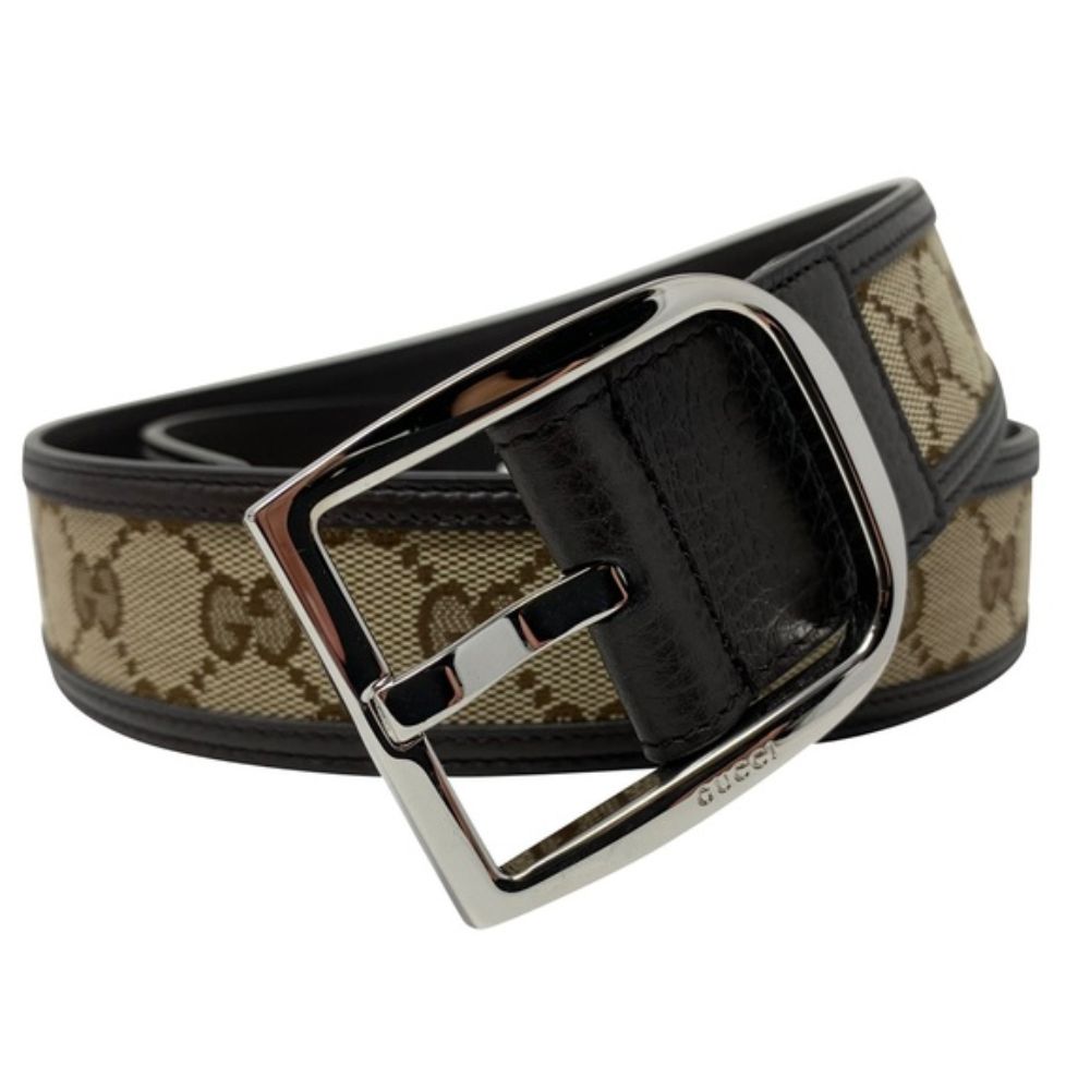 Gucci GG Canvas Brown Leather Palladium Buckle Belt 100/40