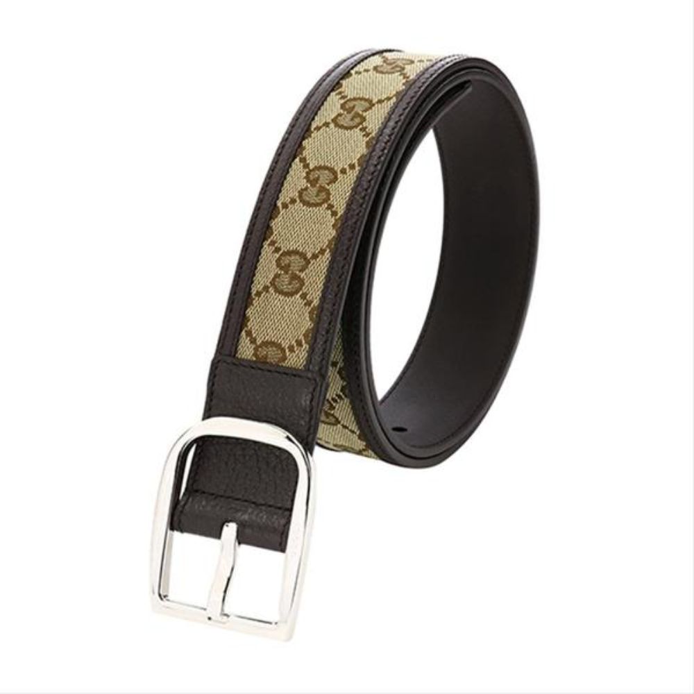 Gucci GG Canvas Brown Leather Palladium Buckle Belt 100/40