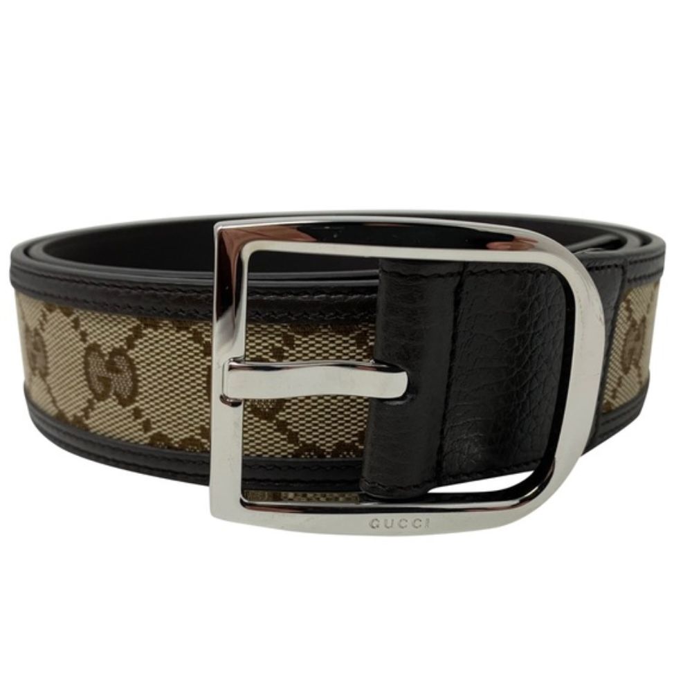 Gucci GG Canvas Brown Leather Palladium Buckle Belt 100/40