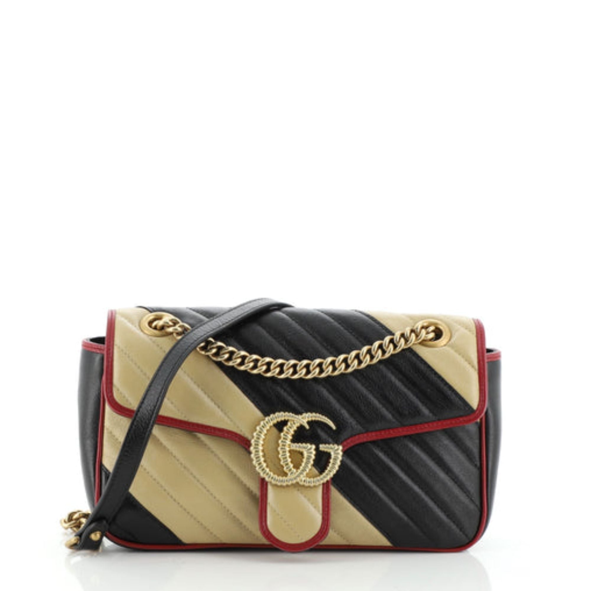 Gucci GG Marmont Diagonal Quilted Beige Black Small Shoulder Bag