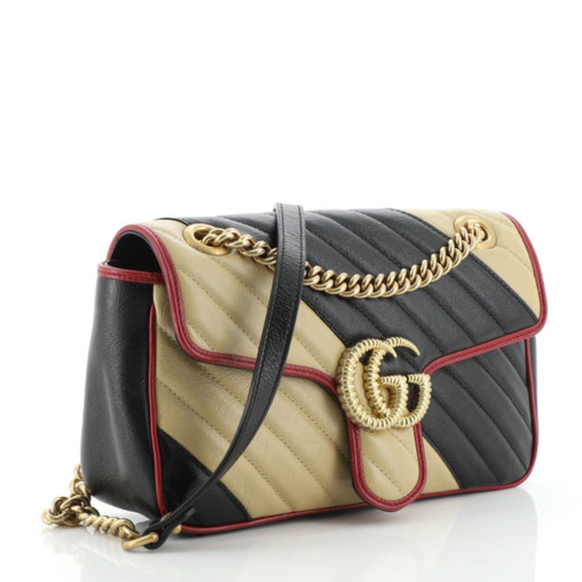 Gucci GG Marmont Diagonal Quilted Beige Black Small Shoulder Bag