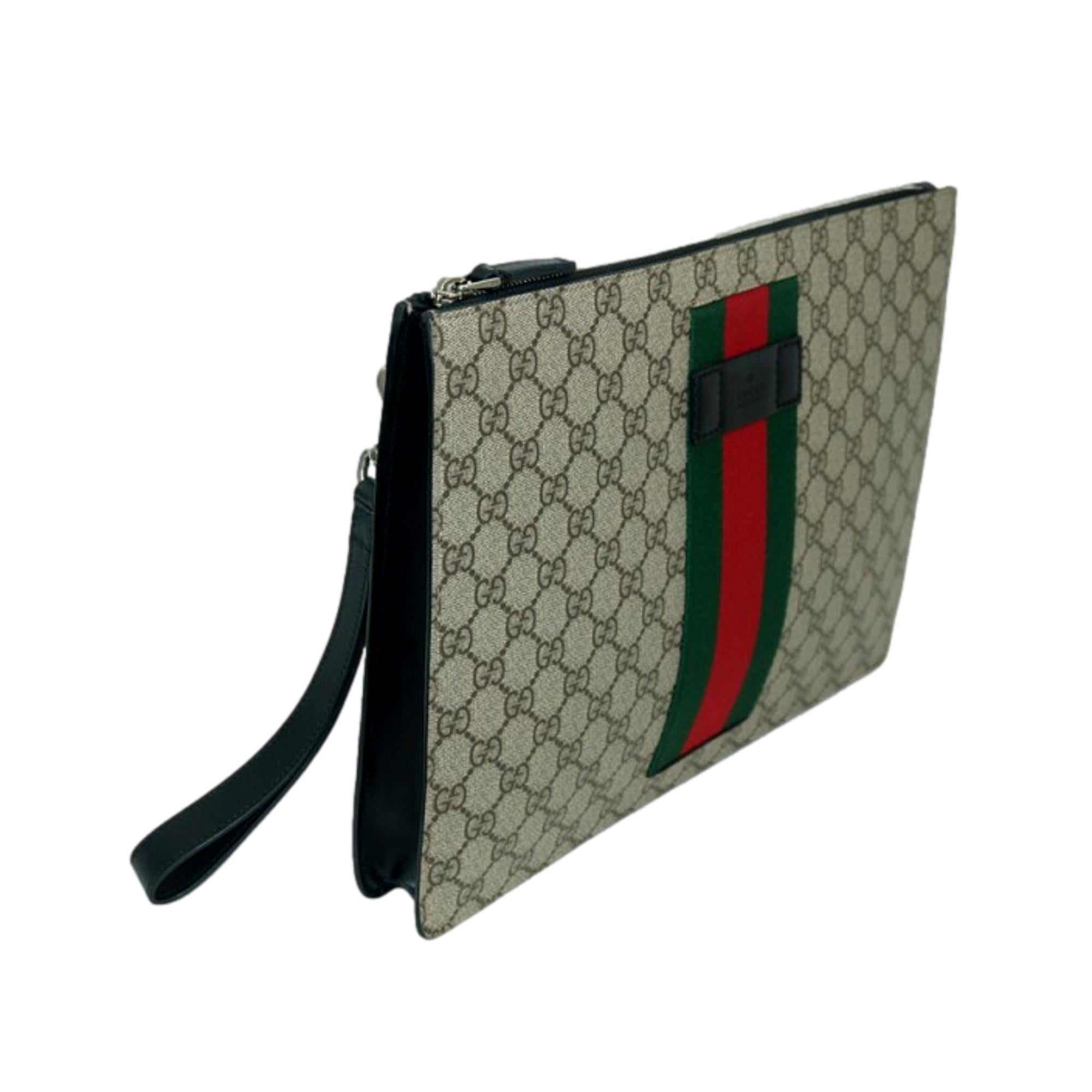 Gucci GG Supreme Beige Canvas Web Stripe Large Clutch