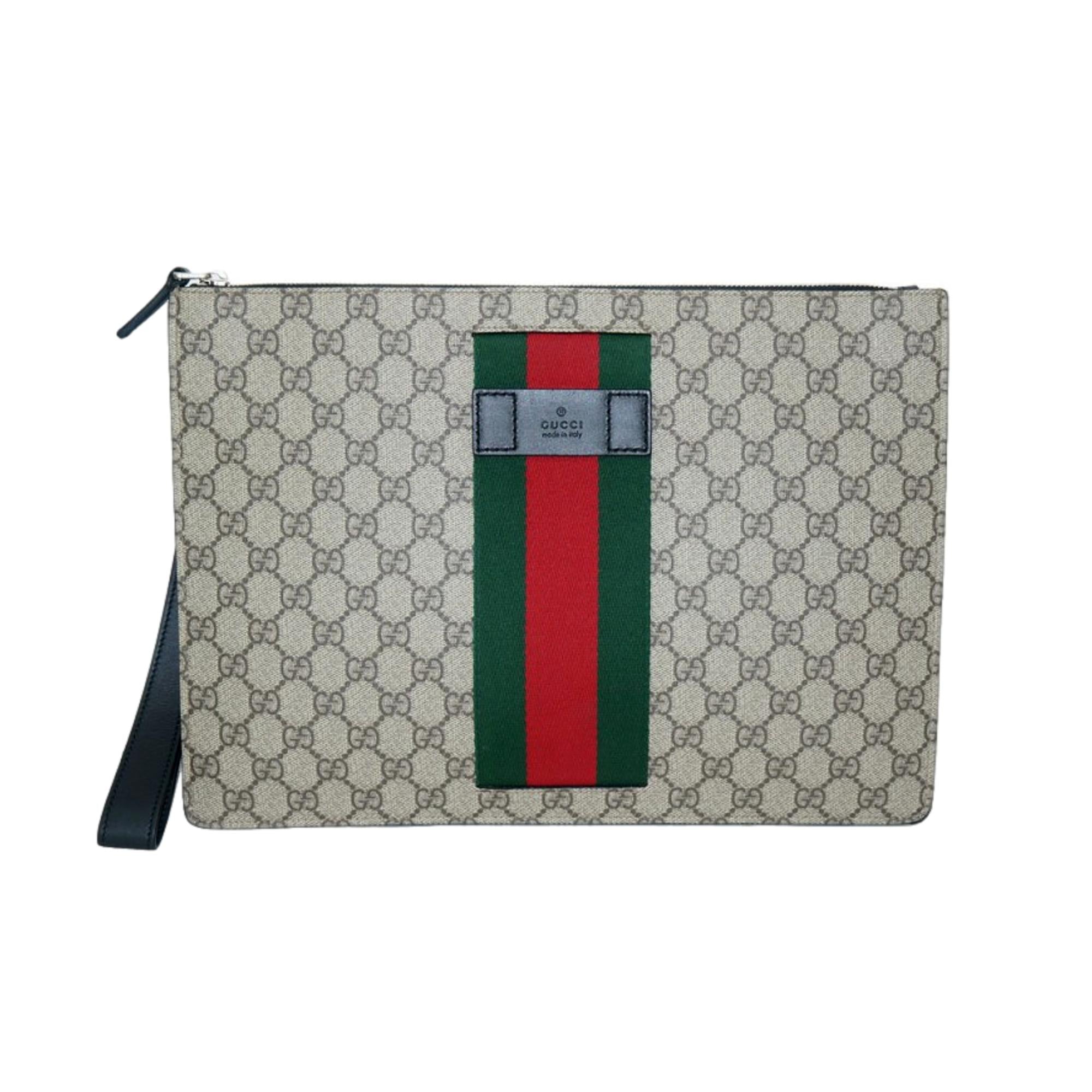 Gucci GG Supreme Beige Canvas Web Stripe Large Clutch