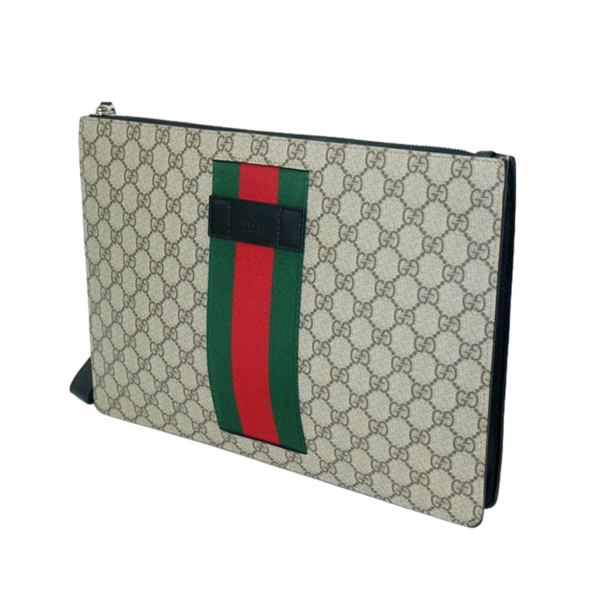 Gucci GG Supreme Beige Canvas Web Stripe Large Clutch