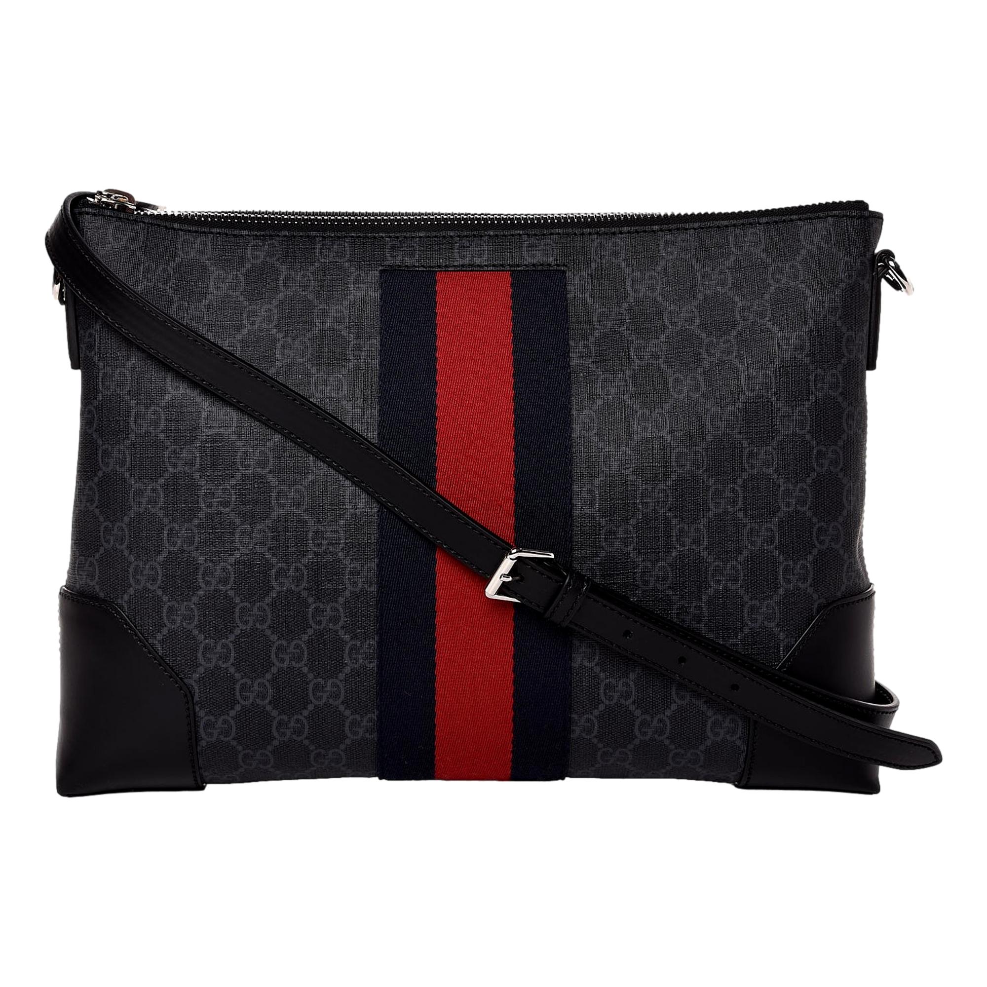 Gucci GG Supreme Black Canvas Stripe Messenger Bag