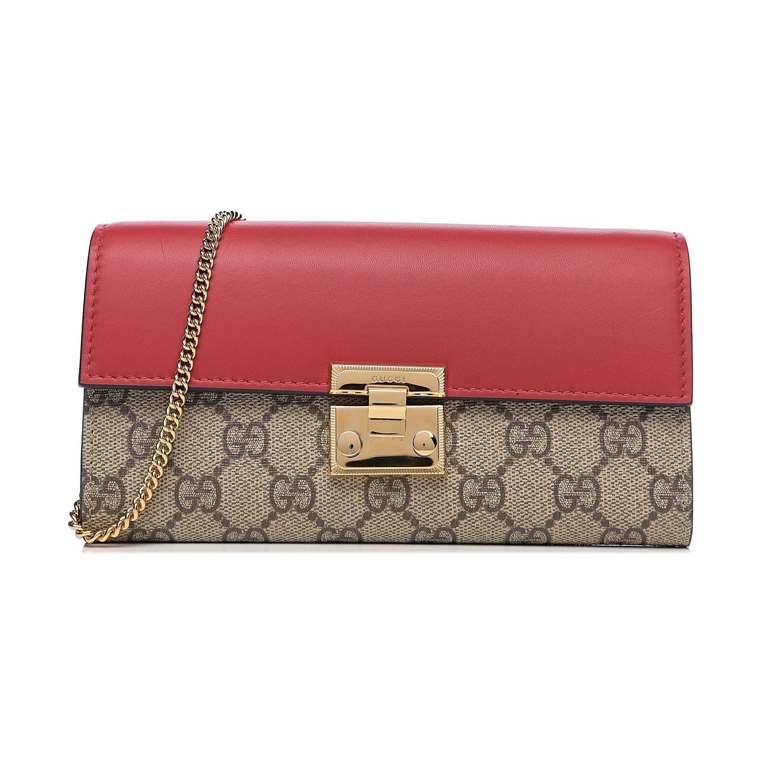 Gucci GG Supreme Monogram Red Padlock Continental Chain Wallet