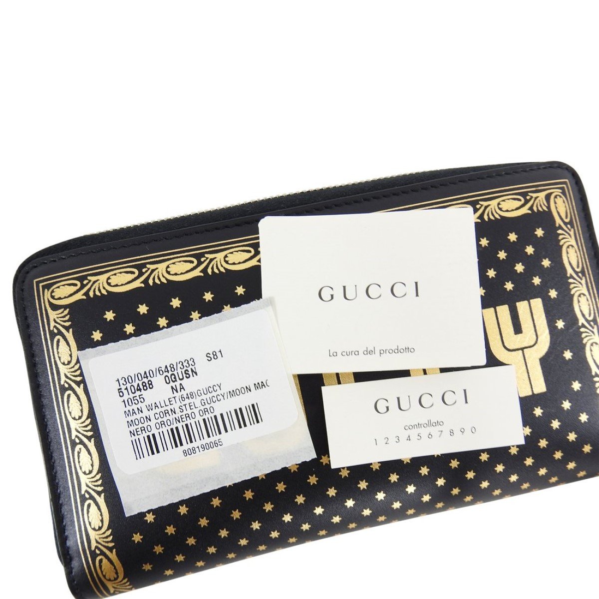 Gucci "Guccy" Black Leather Zip Around Wallet with Gold Stars