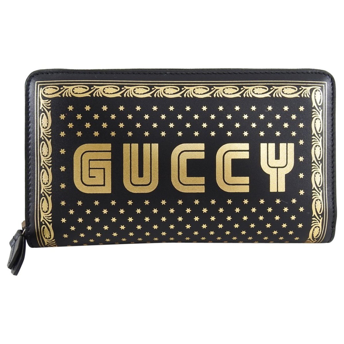 Gucci "Guccy" Black Leather Zip Around Wallet with Gold Stars