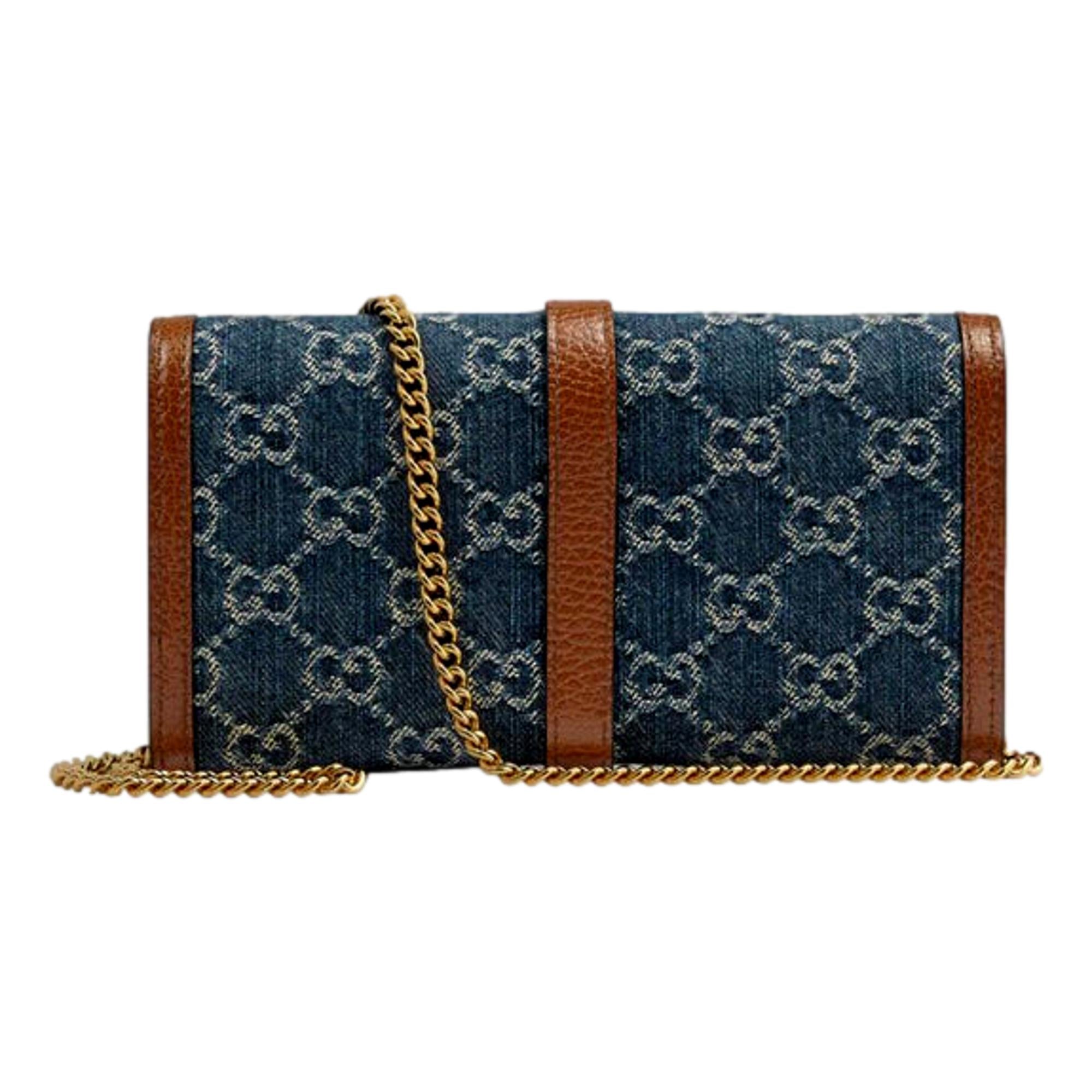 Gucci Jackie 1961 GG Monogram Blue Denim Leather Trim Chain Wallet