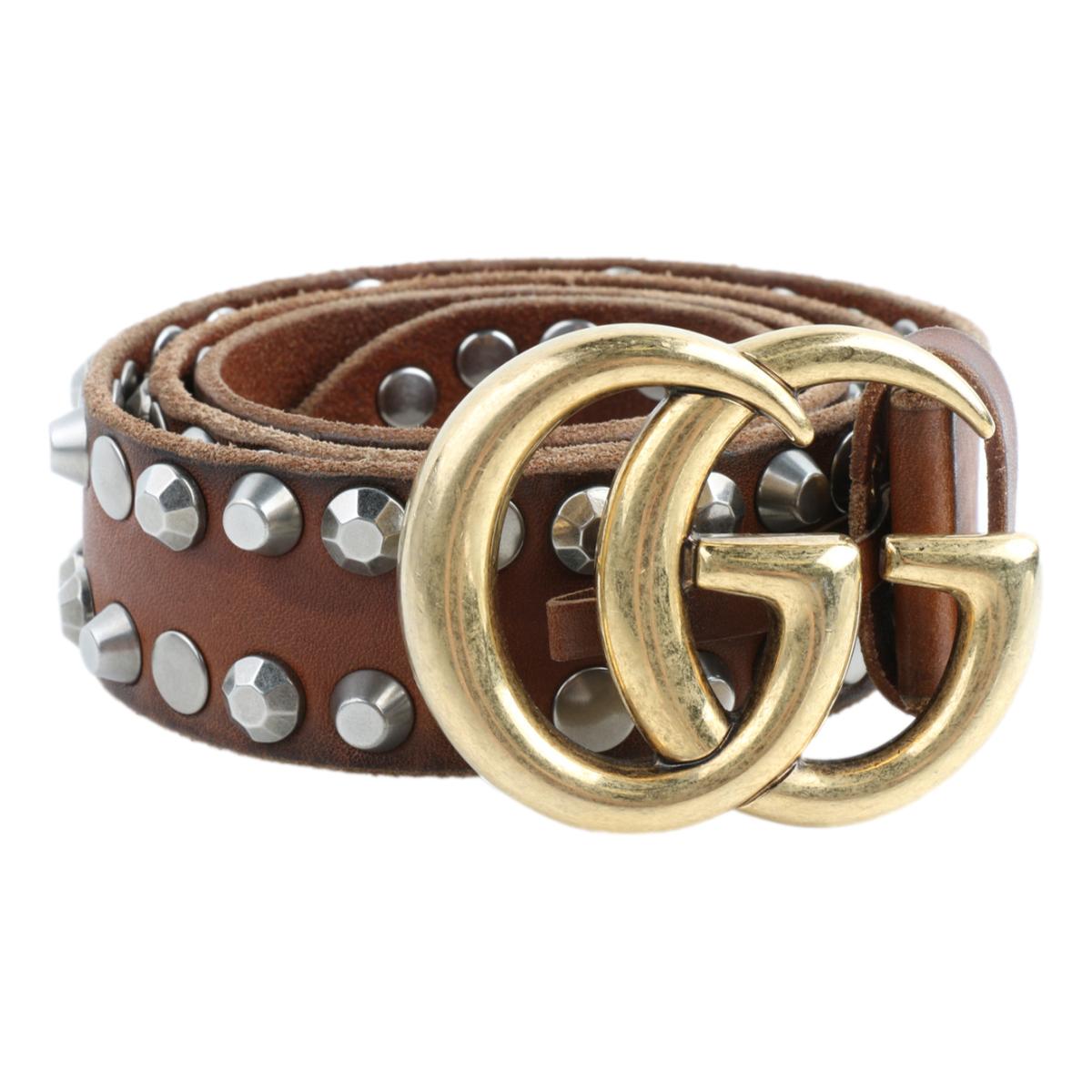 Gucci Marmont GG Brown Leather Studded Belt 105/42