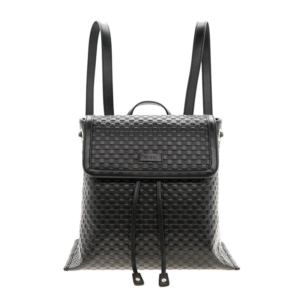 Gucci Microguccisima Black Leather Drawstring Backpack