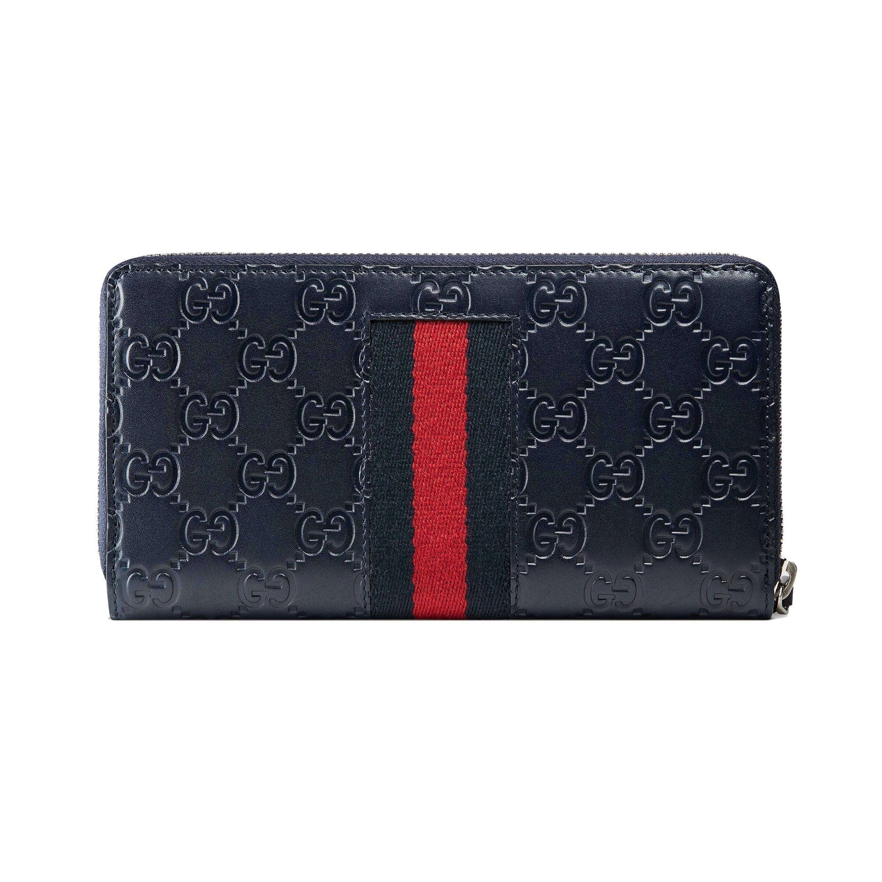 Gucci Navy Blue Leather Guccissima Web Stripe Long Zip Wallet