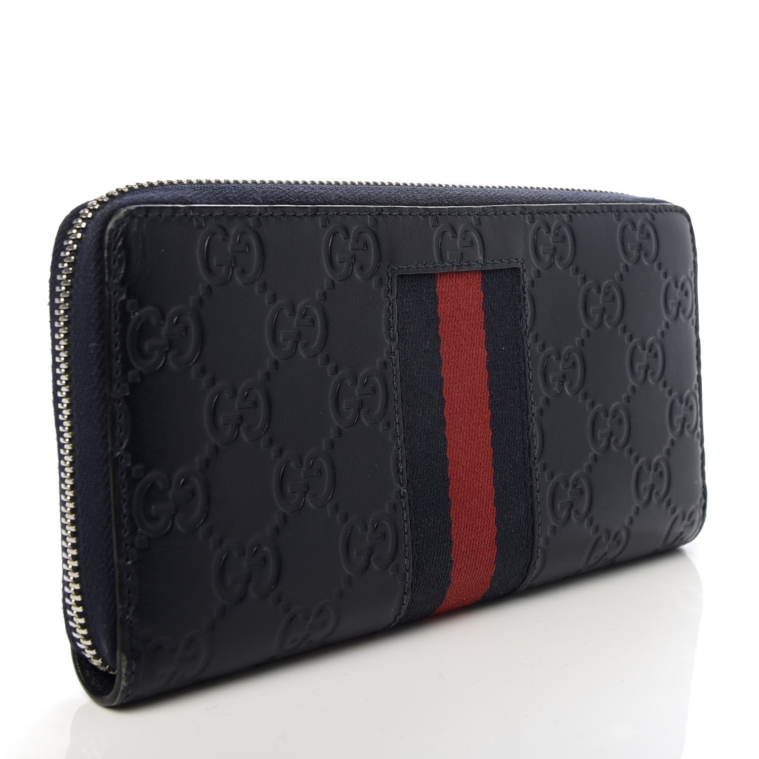 Gucci Navy Blue Leather Guccissima Web Stripe Long Zip Wallet