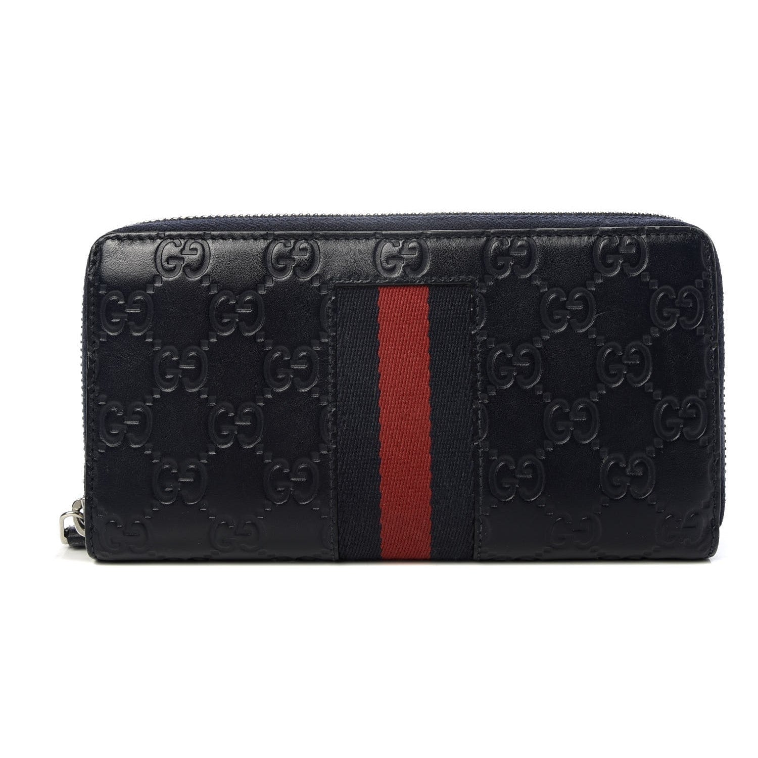 Gucci Navy Blue Leather Guccissima Web Stripe Long Zip Wallet