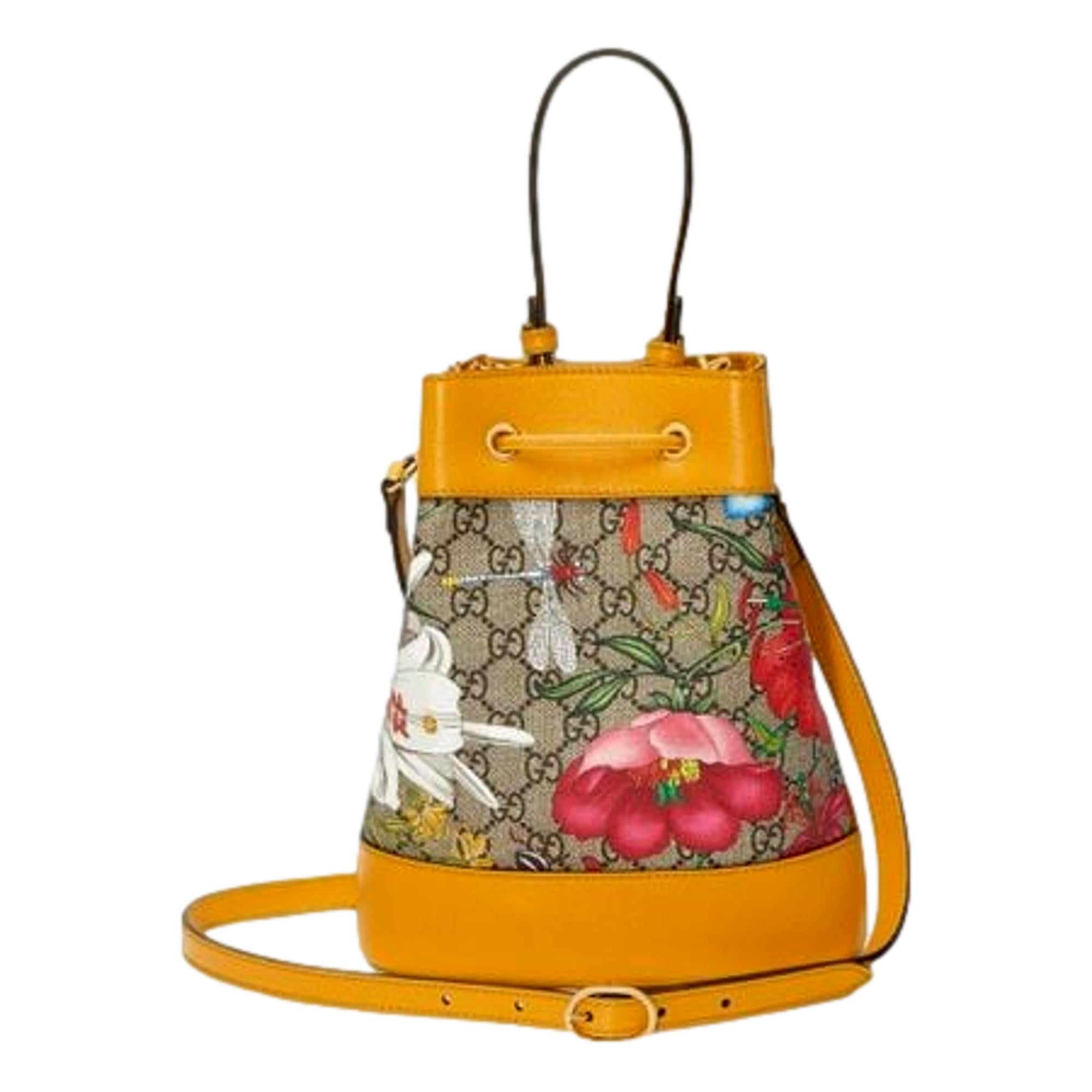 Gucci Ophidia Microguccissima Floral Print Canvas Bucket Bag