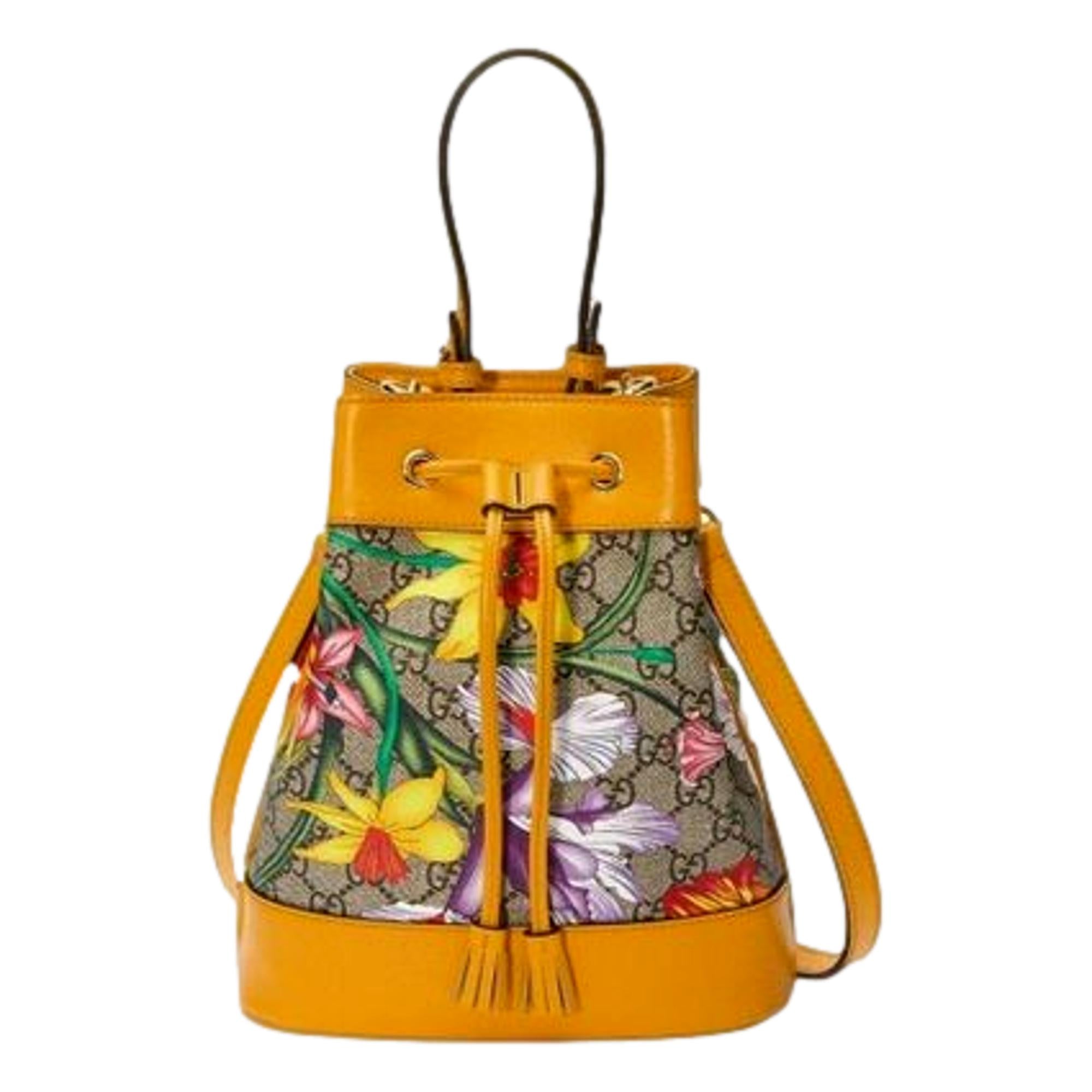 Gucci Ophidia Microguccissima Floral Print Canvas Bucket Bag