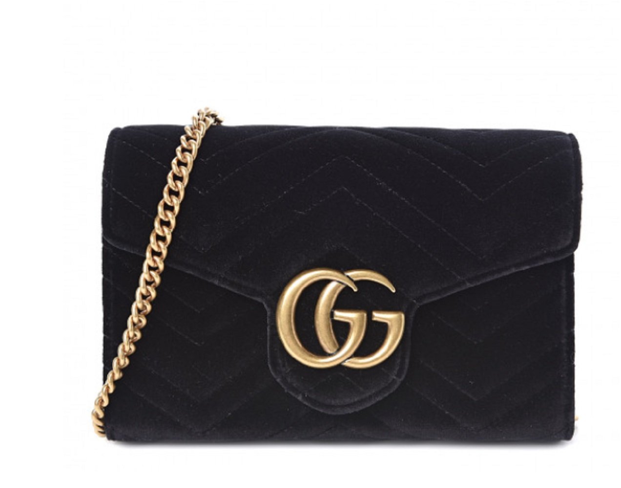 Gucci Small Black Velvet Matelasse GG Marmont Chain Wallet Crossbody