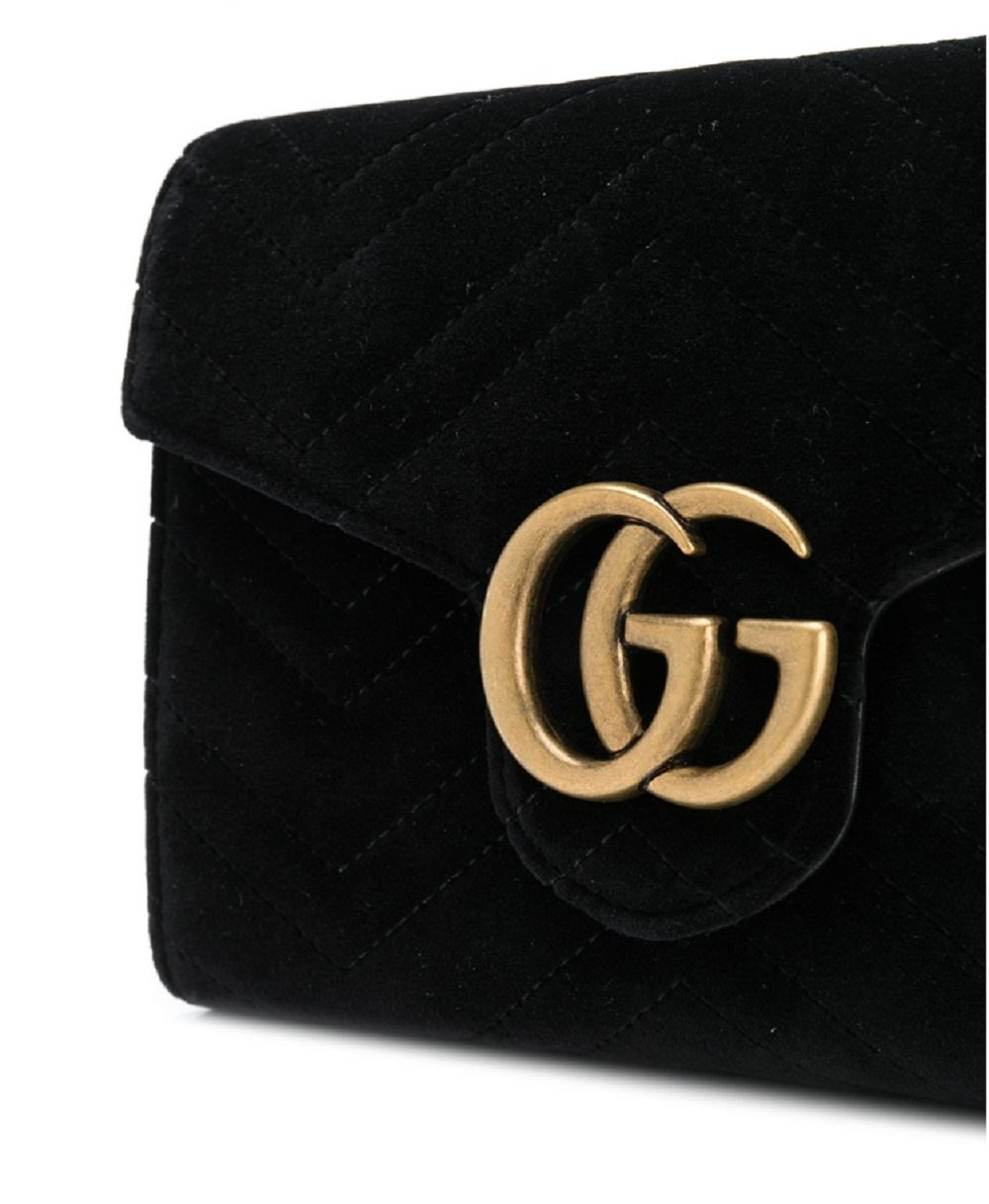 Gucci Small Black Velvet Matelasse GG Marmont Chain Wallet Crossbody