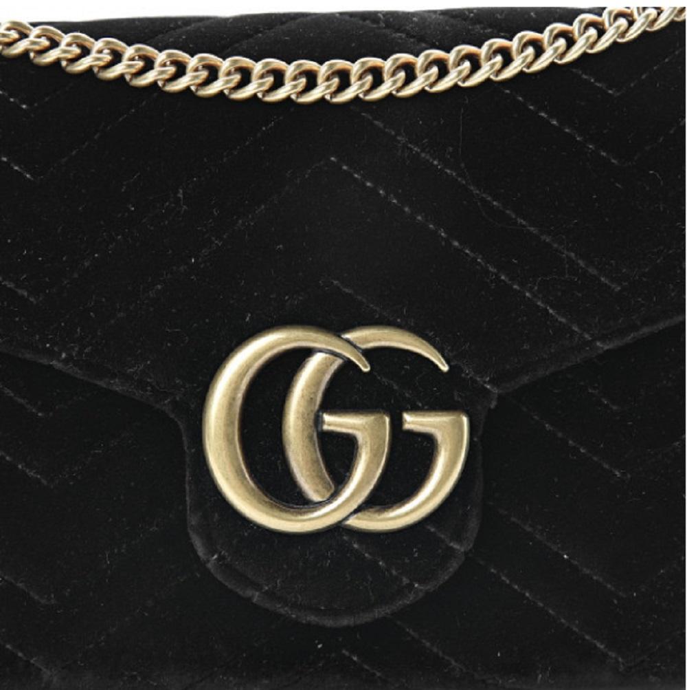 Gucci Small Black Velvet Matelasse GG Marmont Chain Wallet Crossbody