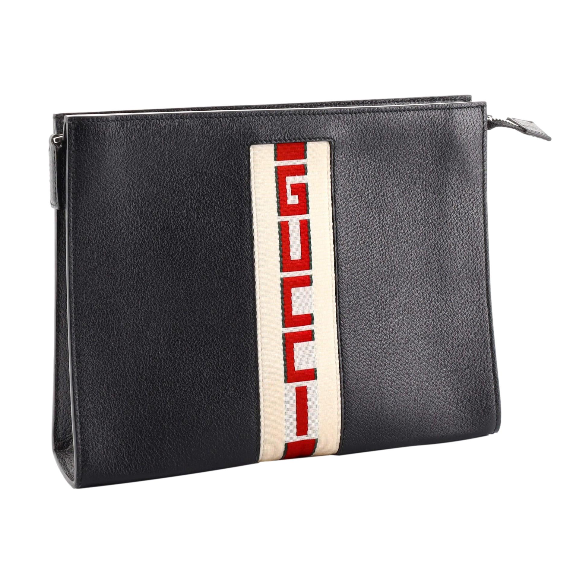 Gucci Sport Black Leather Cosmetic Case Pouch Clutch Bag