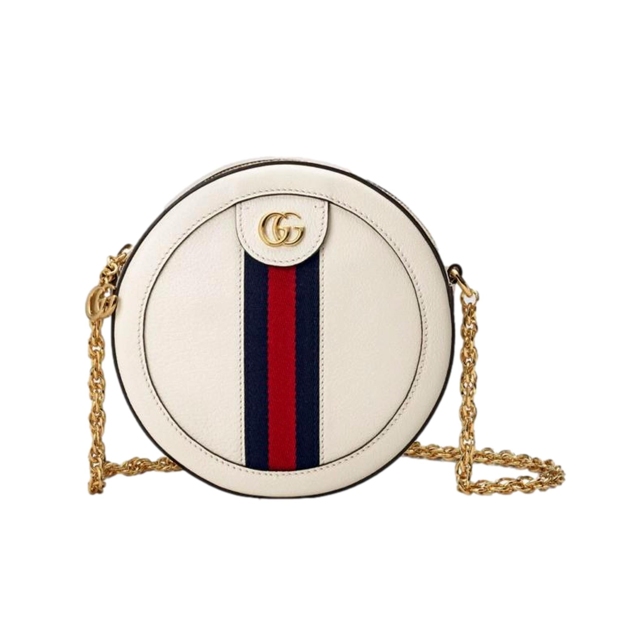 Gucci Web Mini Ophidia Round Ivory Leather Crossbody Bag