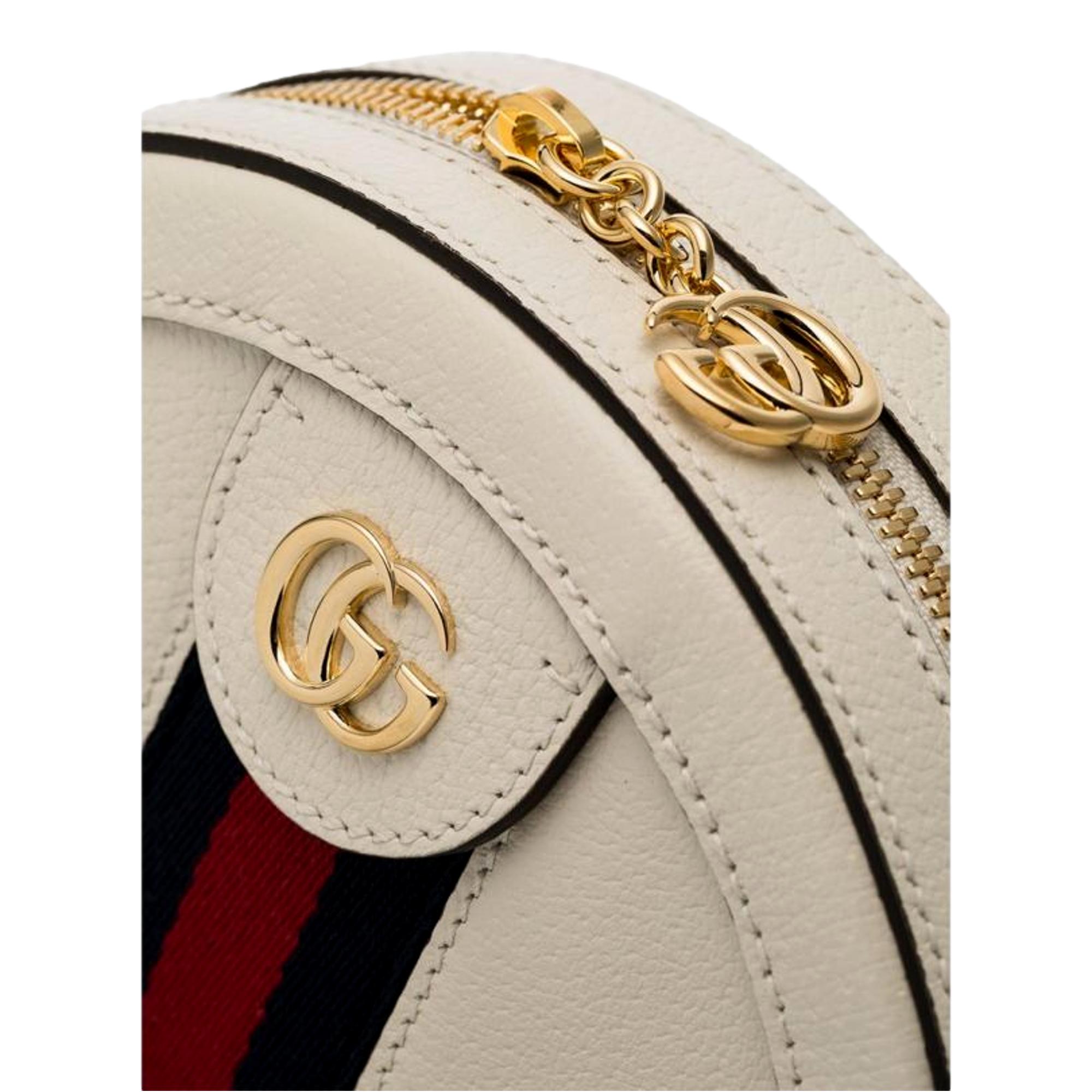 Gucci Web Mini Ophidia Round Ivory Leather Crossbody Bag